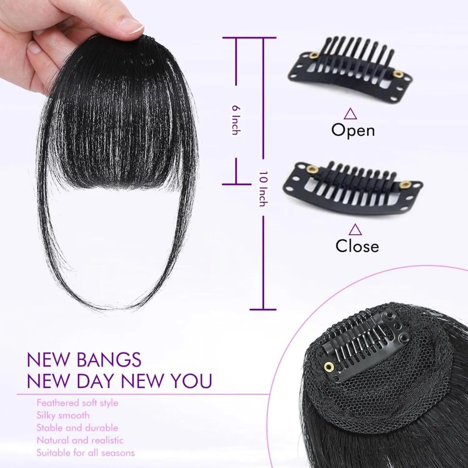 Natural Black Human Hair Extensions Clip in Wigs for Women with Bangs - Soft, Comfortable, Dyeable, Wispy French Bangs, Invisible Clip, Breathable Mesh, Secure Hairpieces by Ruibex image number 5