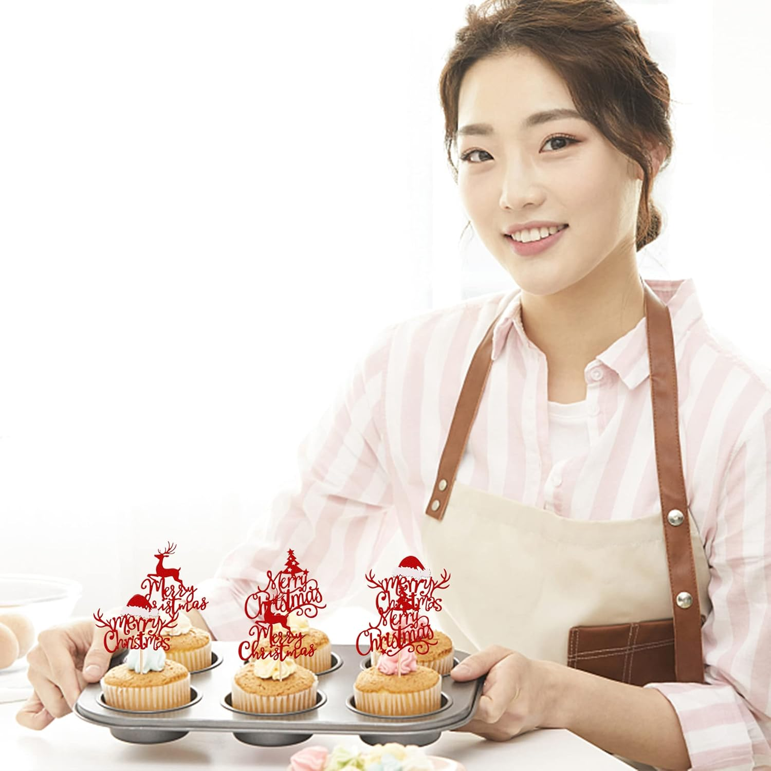 24 Pack Merry Christmas Cupcake Toppers Glitter Xmas Tree Santa Hat Deer Christmas Cupcake Picks Decoration for Winter Christmas Theme Xmas Holiday Birthday Party Supplies Red