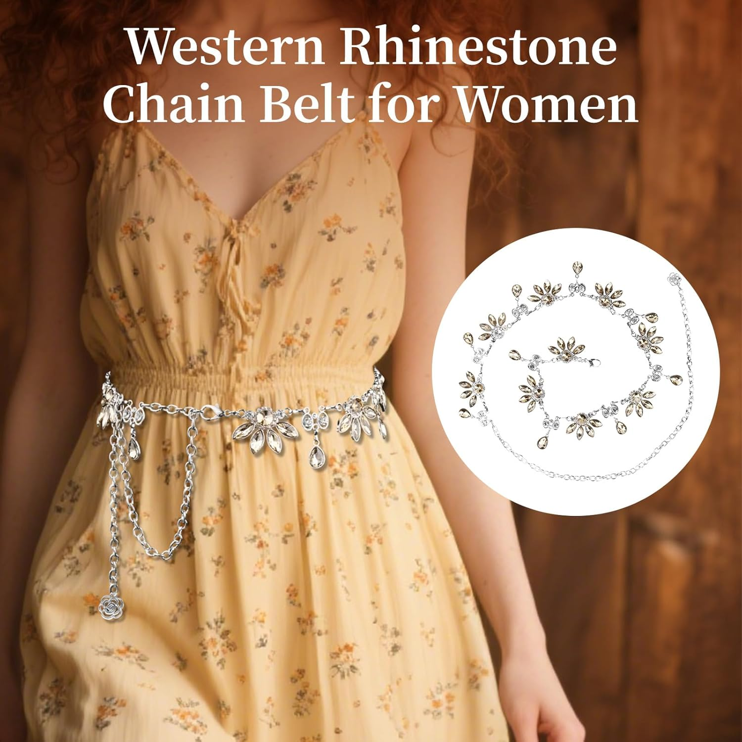 Women'S Floral Crystal Waist Chain Belt - Metal Rhinestone Western Belts Accessory Bling Bling Accessory for Dresses Jeans image number 4