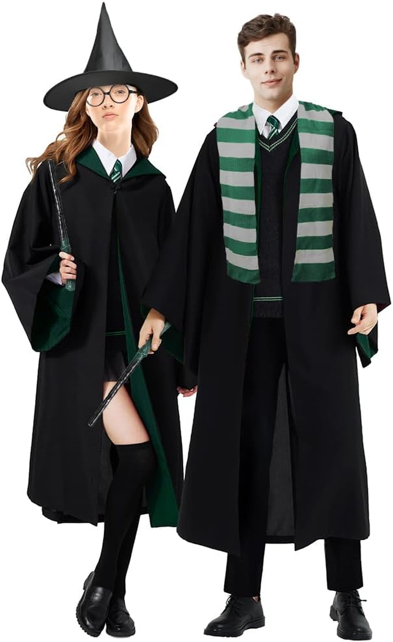 AUTOWT Unisex Wizard Cloak Costume Set for Adults, 6Pc Magician Wizarding Robe Outfits with Hooded Cape Magic Hat Wand Scarf Glasses Tie Movie Dress up Accessory for School Carnival Halloween Cosplay image number 4