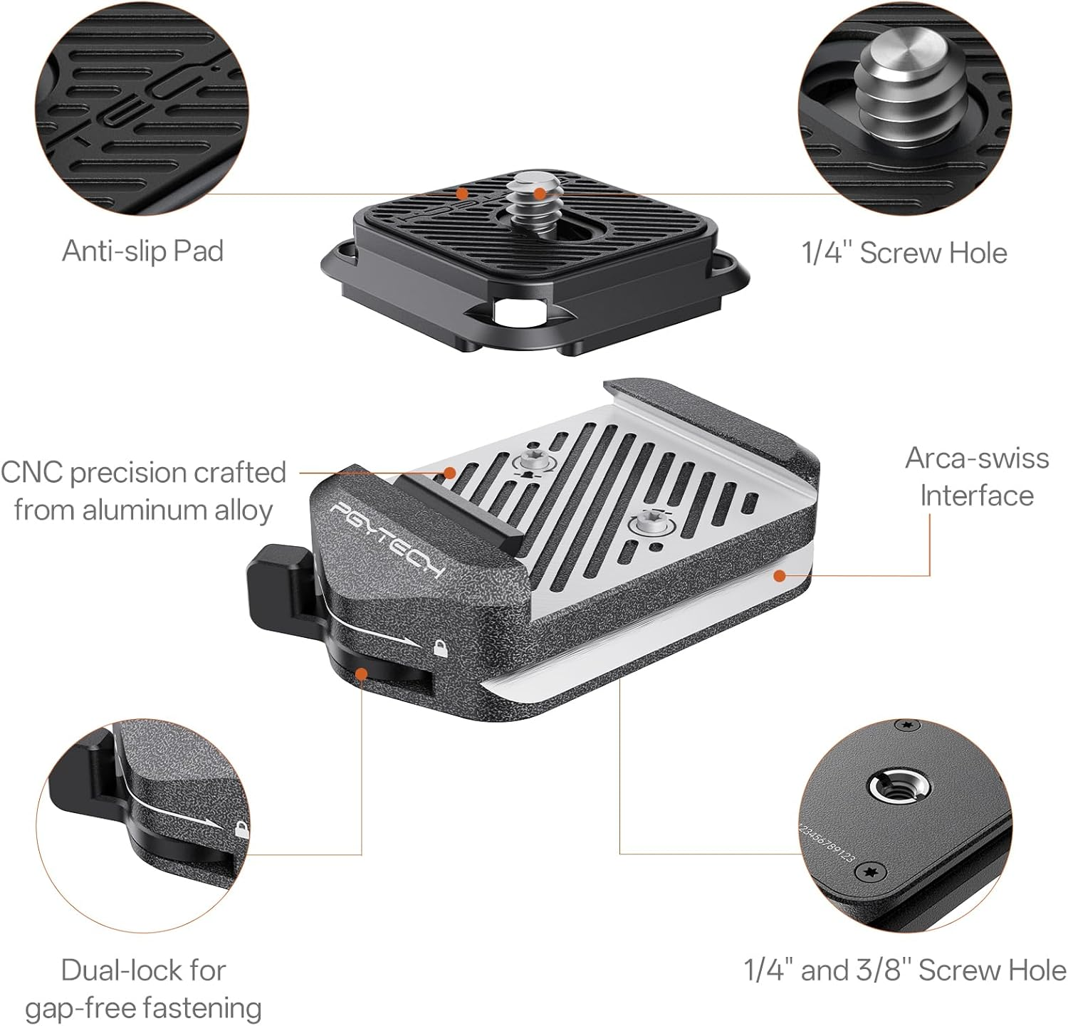 PGYTECH Quick Release Clamp V2, Compatible for Arca Swiss Plate Camera Mount Adapter with 1/4" to 3/8" Screw Thread for Tripods/Gimbals/Sliders/Stabilizers(Only Clamp) image number 1