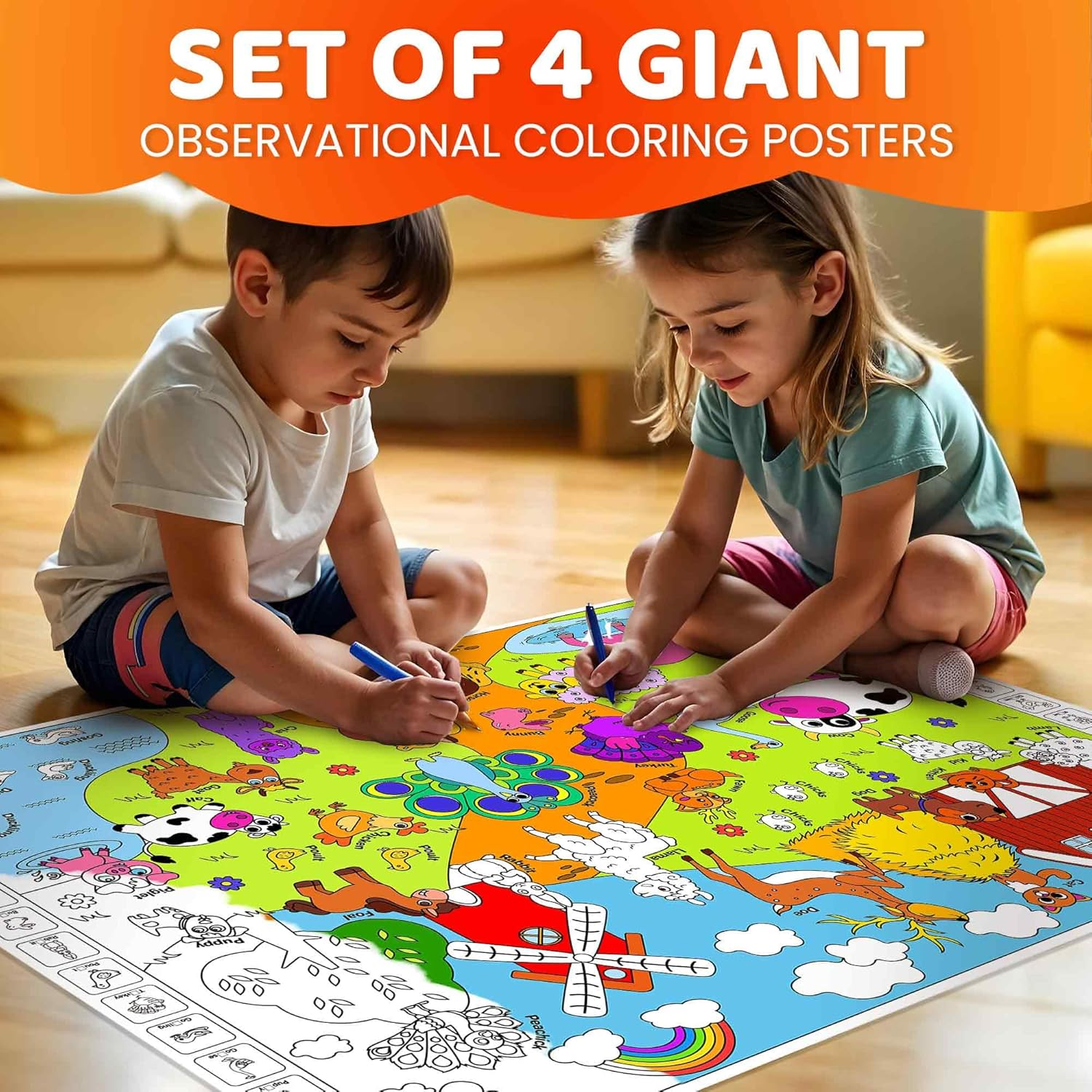 QUOKKA Giant Coloring Posters for Kids &ndash; 4-Pack 2X3 Ft Large Coloring Sheets with Educational Tasks &ndash; Floor & Wall Activities for Markers, Crayons, Paints &ndash; Classroom & Party Supplies for Ages 3-5 image number 2