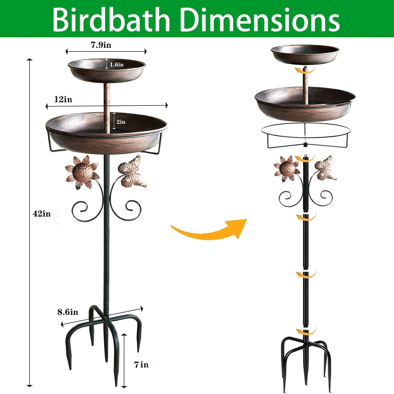 STAVAN 107 Cm (42 Inch) Outdoor Bird Bath, Vintage Style Dual Bowl Bird Bath & Feeder with Sturdy 5-Prong Base, Antique Bronze Freestanding Metal Birdbath for Garden, Patio & Lawn Decor image number 1