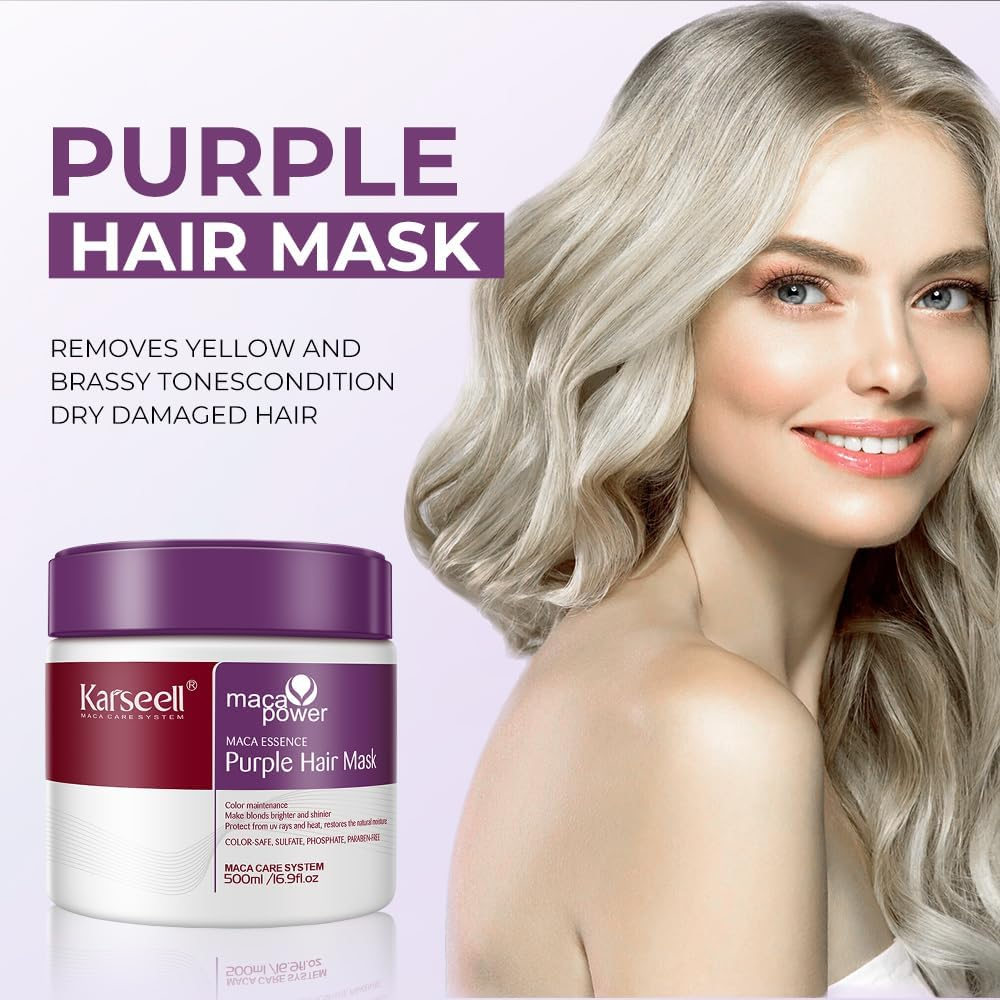 Karseell Purple Hair Maskprofessional Neutralizes Brass & Yellow Tones for Blonde Silver Gray Highlighted Hair Conditioning with Argan Oil and Collagen, 500Ml image number 5