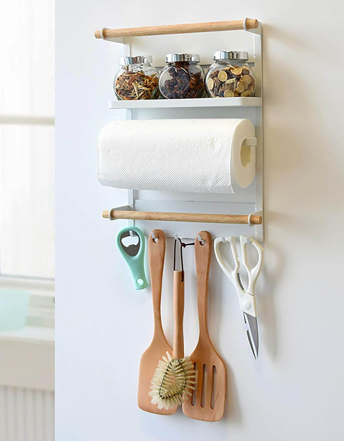 SIC Magnetic Refrigerator Hanging Spice Rack with Roller Rod Metal Frame with Space Saving Hooks (White) image number 1