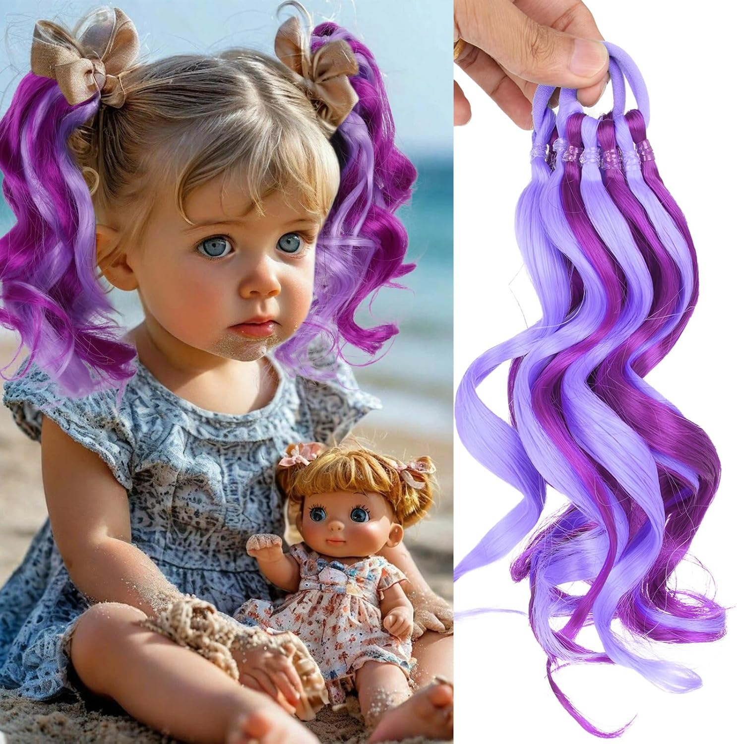 Mini Colorful Rubber Band Ponytail &ndash; Colored Braids Hair Extensions with Rubber Band Playful & Stylish Hair Accessory (Purple) - Blue image number 4