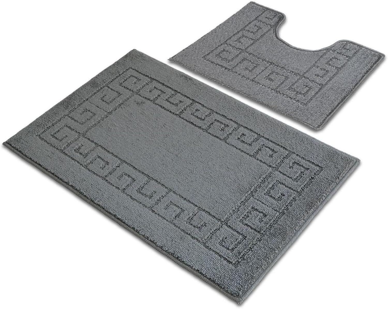 Ambience Products Greek Key Pattern Bath Mats 2 Piece Sets Non Slip Bathroom Mat, Soft Washable Rug Quick Dry Water Absorbent Bathroom Shower Mat & Pedestal Set (White)