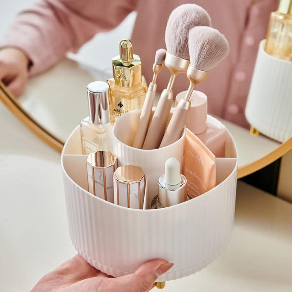 Yharnamite Makeup Brush Holder Organizer, 360&deg; Rotating Cosmetic Organizer, 5 Slot Make up Brushes Cup for Vanity Decor, Bathroom Countertops, Desk Storage Container, Cosmetic Display Cases (White) image number 4
