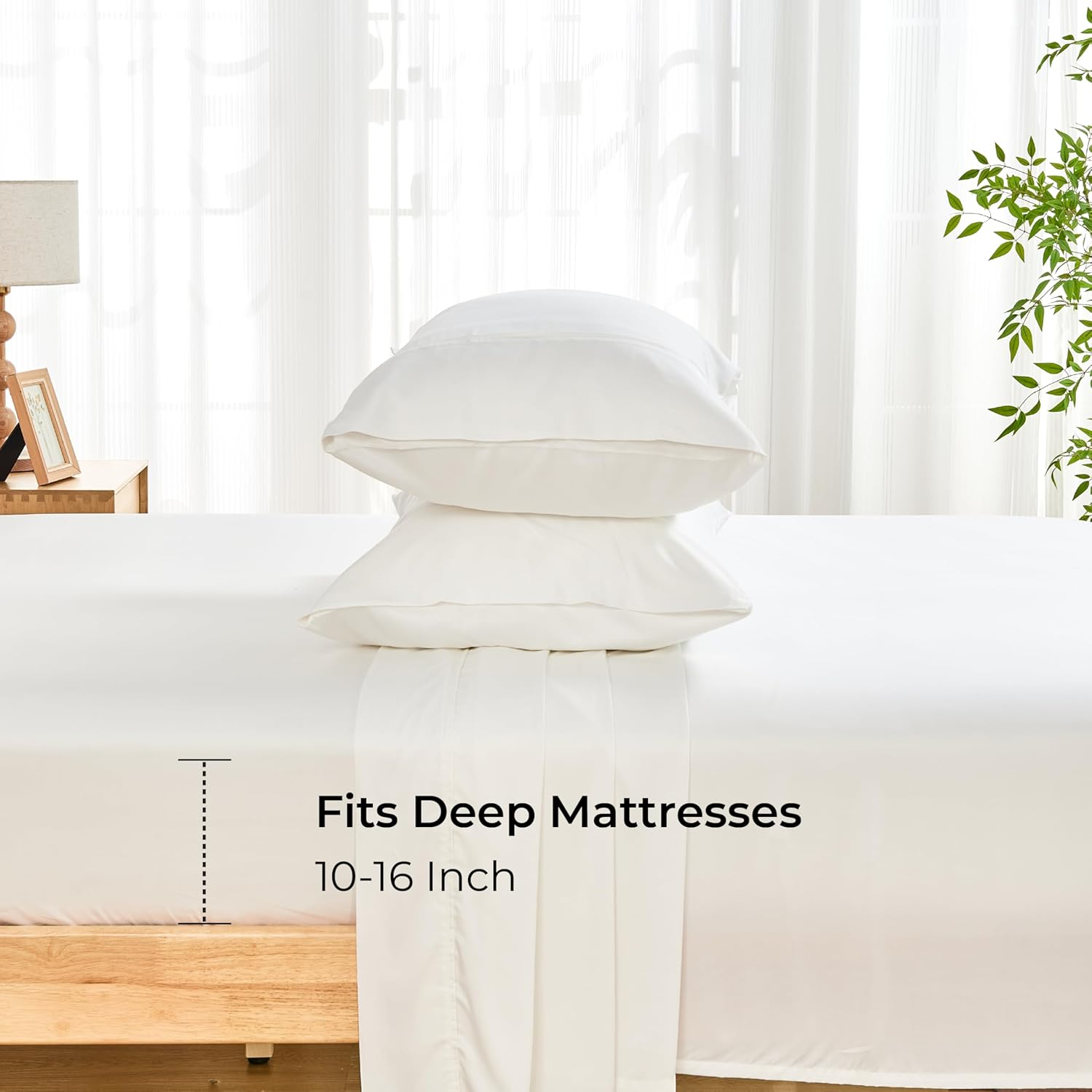 GOKOTTA Cooling Sheets King Size for Hot Sleeper, Breathable Luxury Soft Bamboo Sheets with 4 Elastic Corner Straps, 16 Inch Pocket, Bed Sheets with Double Stitched (Bright White, King)