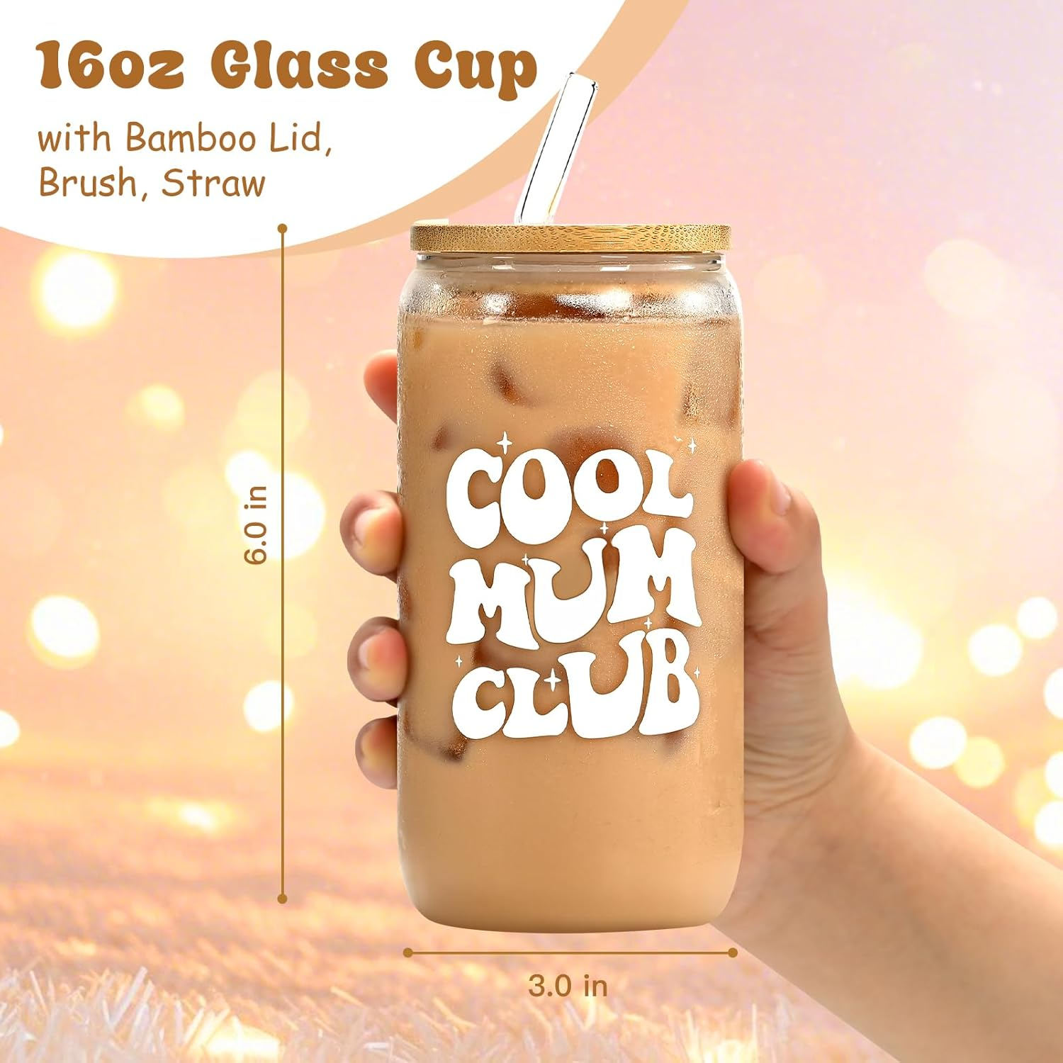 Mothers Day Gifts, Gifts for Mum, Mum Birthday Christmas, 16Oz Glass Cup with Bamboo Lid image number 1