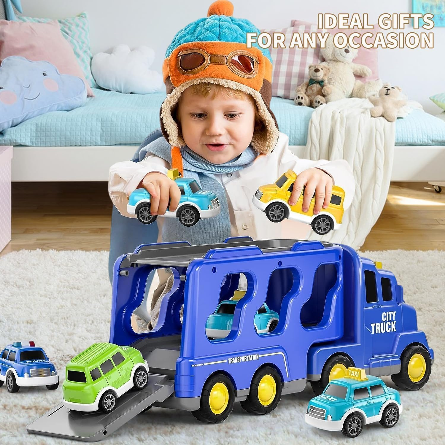 Truck Transport Vehicles Toys Trucks Toys Toddler 3 4 5 6 Years Old, 5 in 1 Truck Friction Power Toy Car with Light and Sound Transport Vehicle Carrier Trucks, Car Toys Set for Kids 3-5 Year