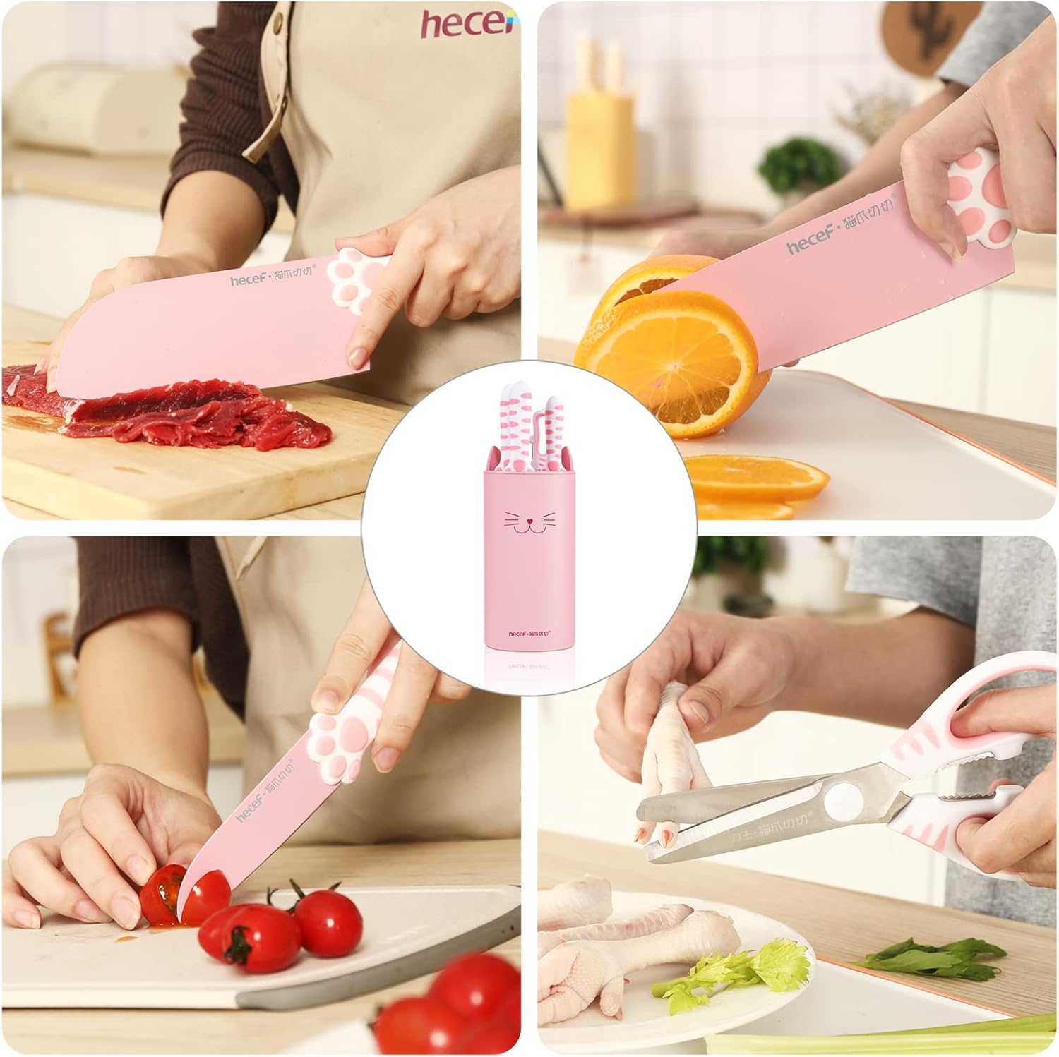 Hecef Cute Kitchen Knife Set,5-Piece Non-Stcik Knives Set with Detachable Block and Scissors,Sharp Kitchen Knives for Chopping, Slicing, Dicing and Cutting, Gift Housewarming Birthday (Pink)