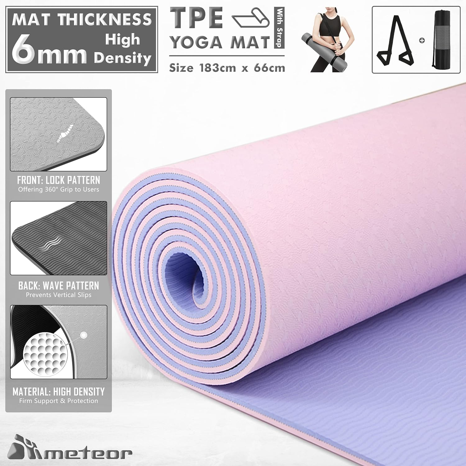METEOR Essential 6Mm Dual-Tone Yoga Mat with Alignment Lines, TPE Yoga Mat Non-Slip Textured, High-Density Padding for Knee Comfort, Perfect for Yoga, Pilates and Fitness Exercise image number 1