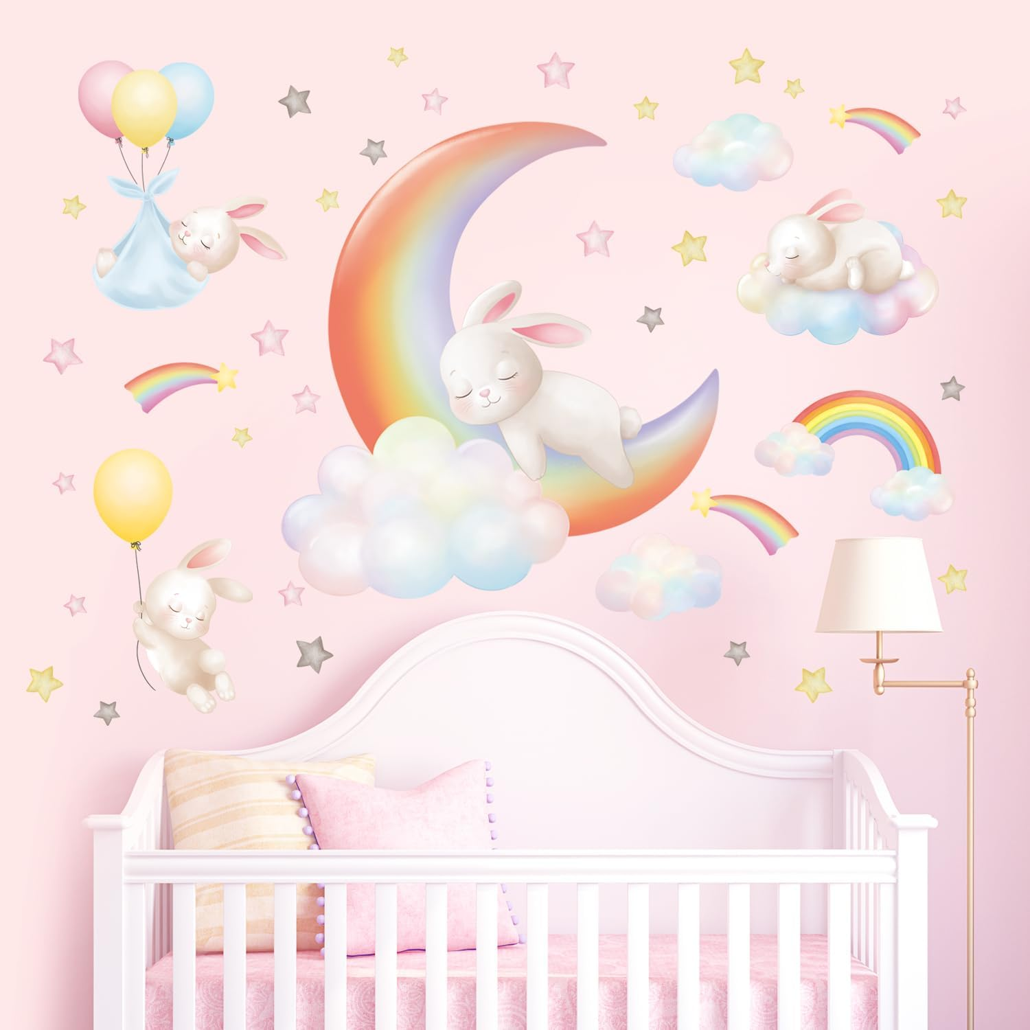 DECOWALL SG2-2313 Rainbow Moon Clouds and Rabbits Wall Stickers Decals Kids Dream Bedroom Star Room Nursery Girls Baby Decorations Girly Balloon Living Playroom image number 6