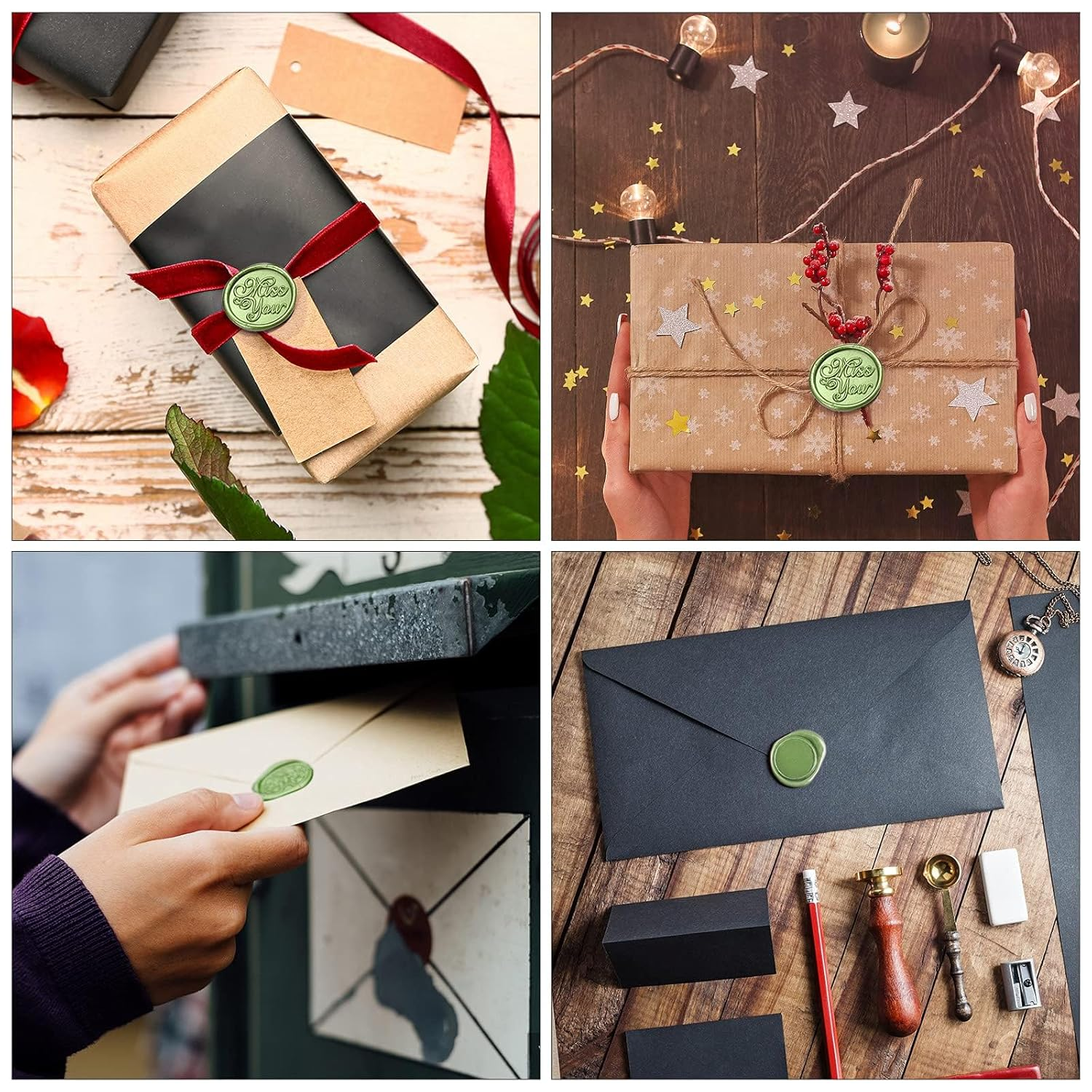 300 Pcs Octagon Sealing Wax Beads with 3 Pcs Tea Candles and 1 Pcs Wax Melting Spoon for Wax Stamp Sealing (Green Mix) image number 5