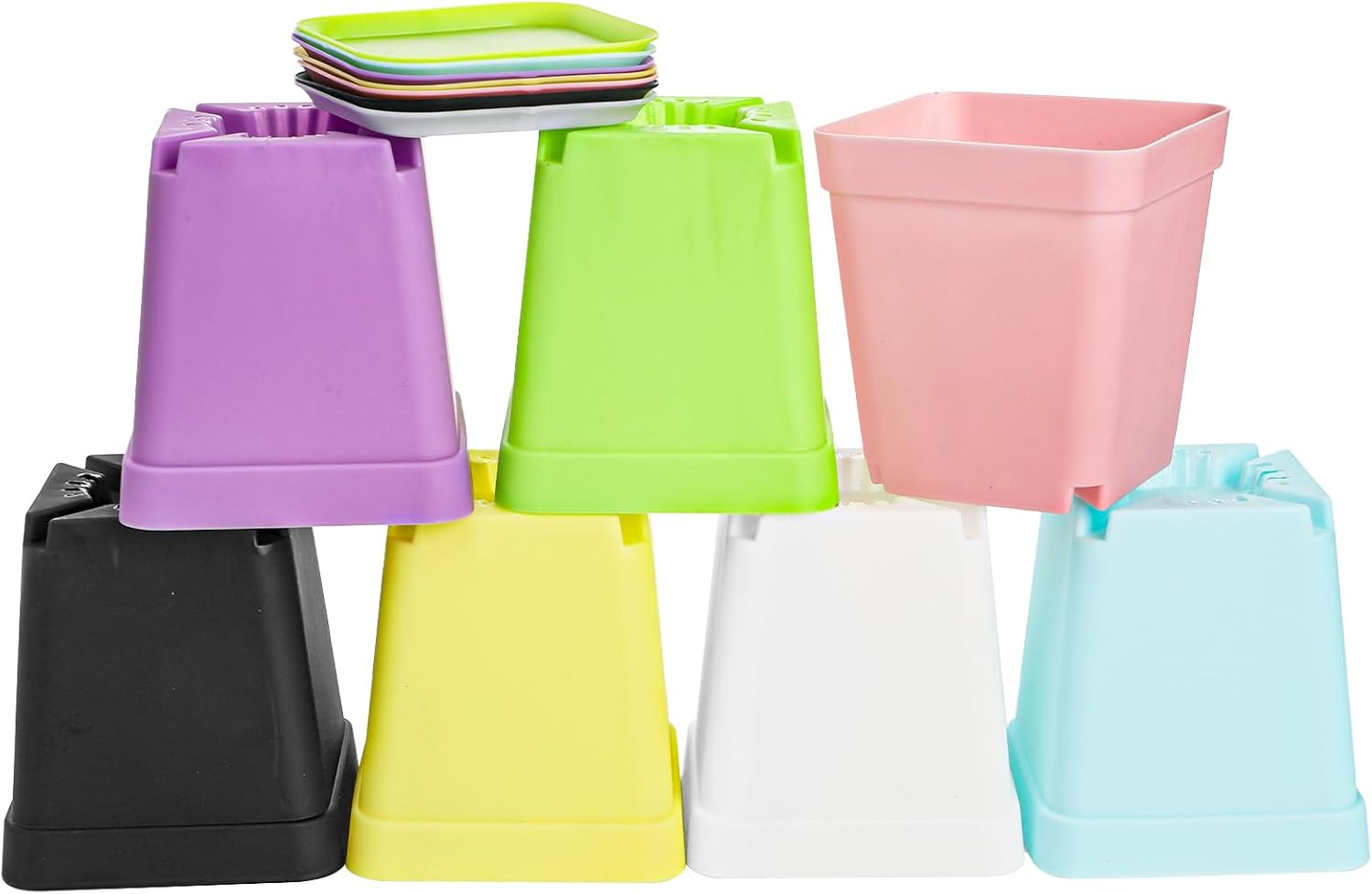 Hedume 70 Pack Mini Plastic Flower Seedling Nursery Pot with Pallet, 3" Colorful Square Plant Pot, Indoor Outdoor Flower Plant Container, Decor for Room, Garden, Office and Balcony (7 Colors) image number 1