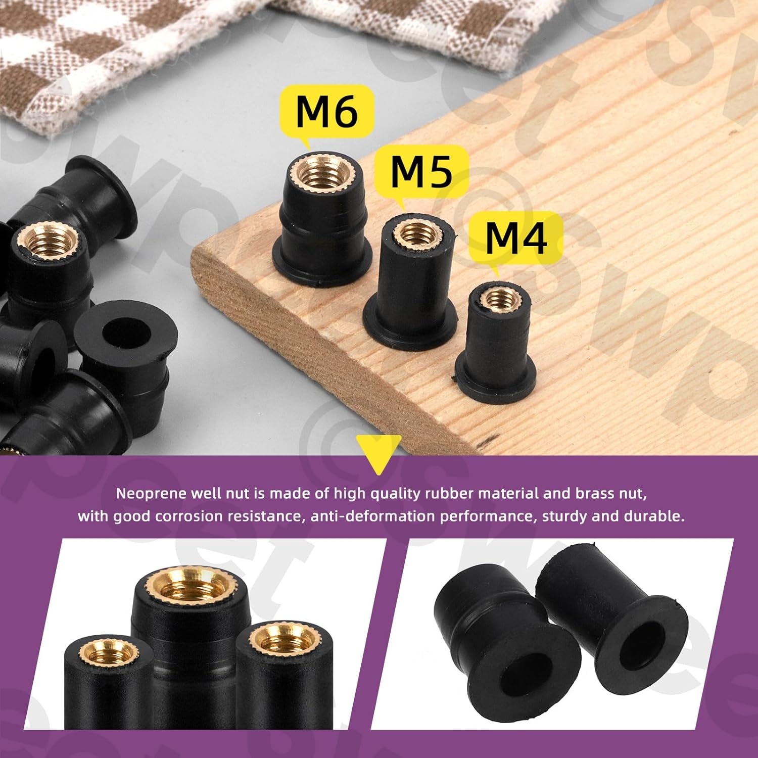 Swpeet 20Pcs M4 Black Rubber Well Nuts Kit, Windshield Fairing Fasteners Nuts, Fairing Universal Motorcycle Fasteners and Neoprene Expansion Brass Nuts Ideal for Canoe Boat Kayak image number 3
