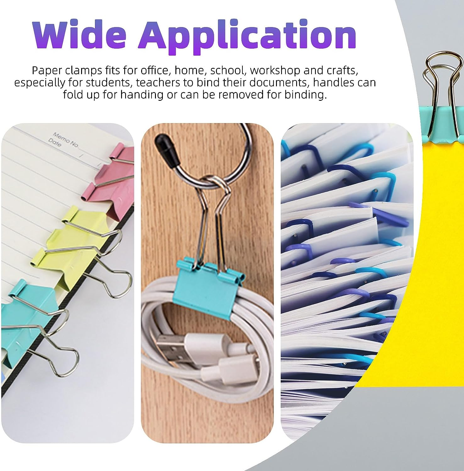 Swpeet 100Pcs Metal Black Binder Clips, Paper Clamps, Fold Back Clips, Paper Clamps Clips 6 Sizes X Large, Large, Medium, Small, X Small and Micro Use for Office, Home, School, Classroom image number 6