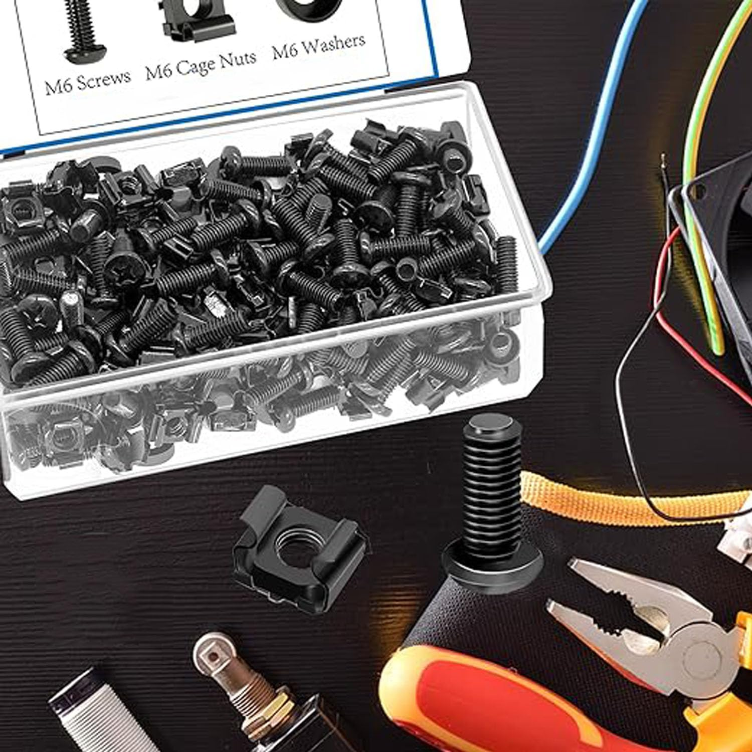 Shengsenfu 100Pcs/200Pcs M5 M6 Cage Nuts Screws and Washers Set - Metric Square Hole Hardware for Server Racks, Cabinets & Shelves, Black Upgraded Box for Routers and Rack Mount Accessories image number 1