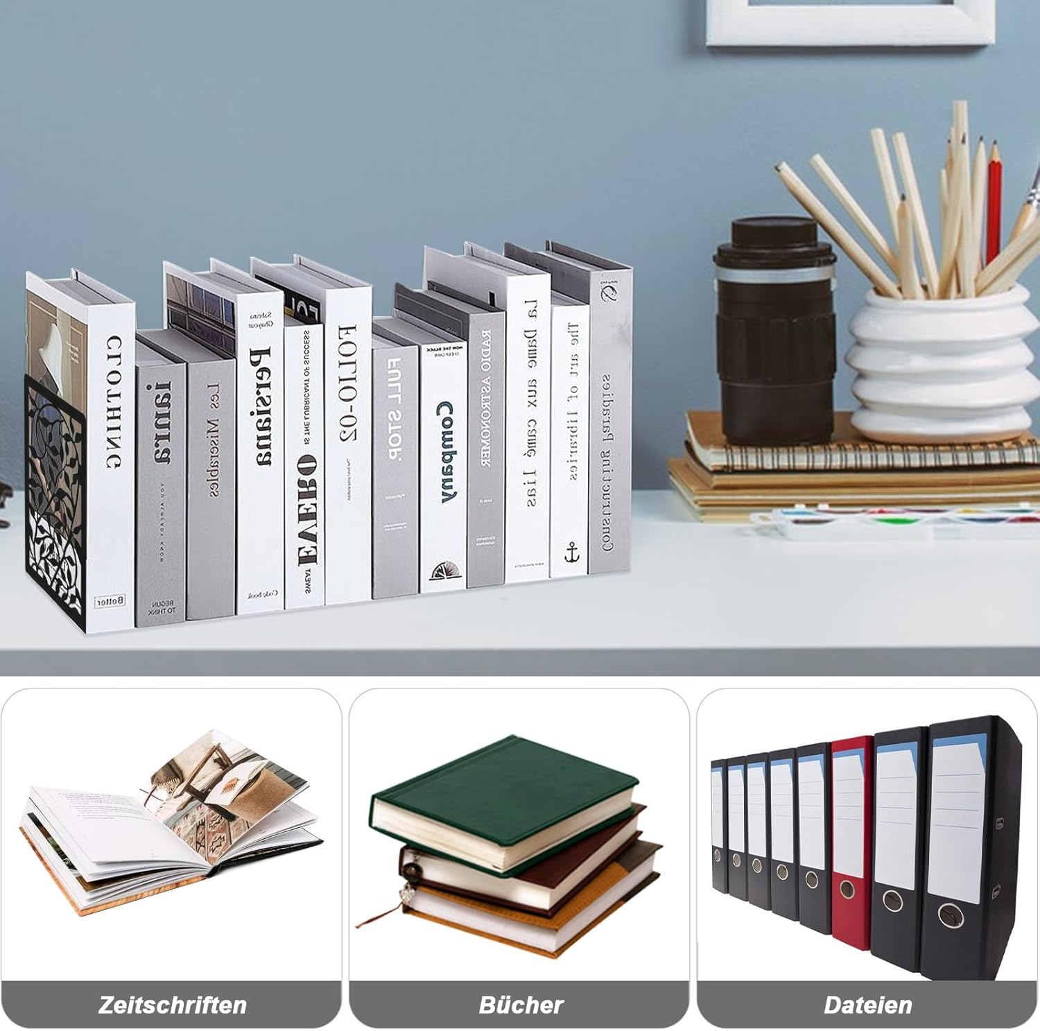 Bookends, 1 Pair Black Bookends, Metal Bookends, Book Holder for Shelf, Book Stand, Book Holder Shelf for Office, Home, Reading Stand, Music Stand image number 2