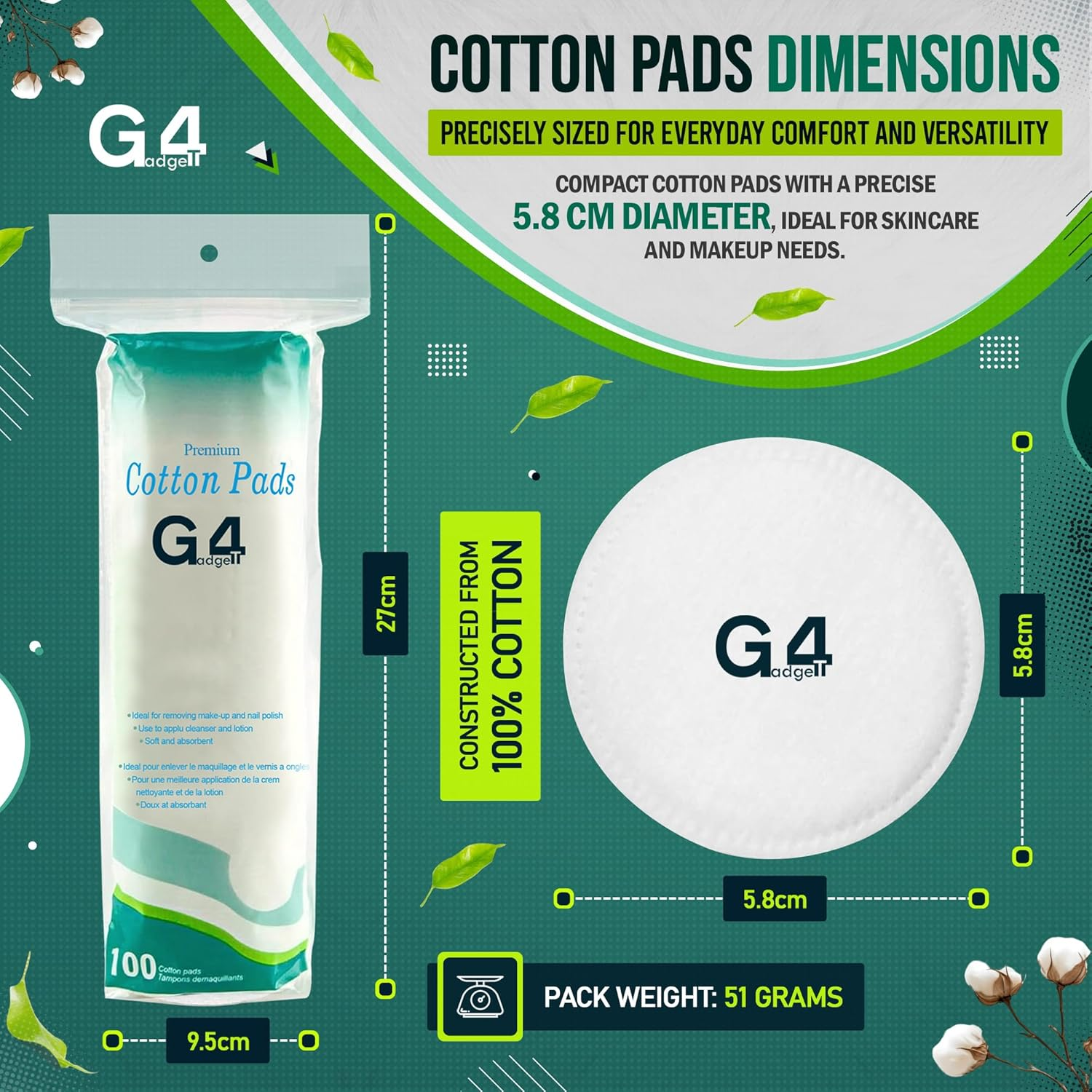 G4GADGET Cotton Pads for Face, 100% Pure Cotton Wool, Soft & Absorbent Makeup Remover Pads, Hypoallergenic, Gentle on Sensitive Skin, Ideal for Beauty & Baby Care, 100 Count image number 2