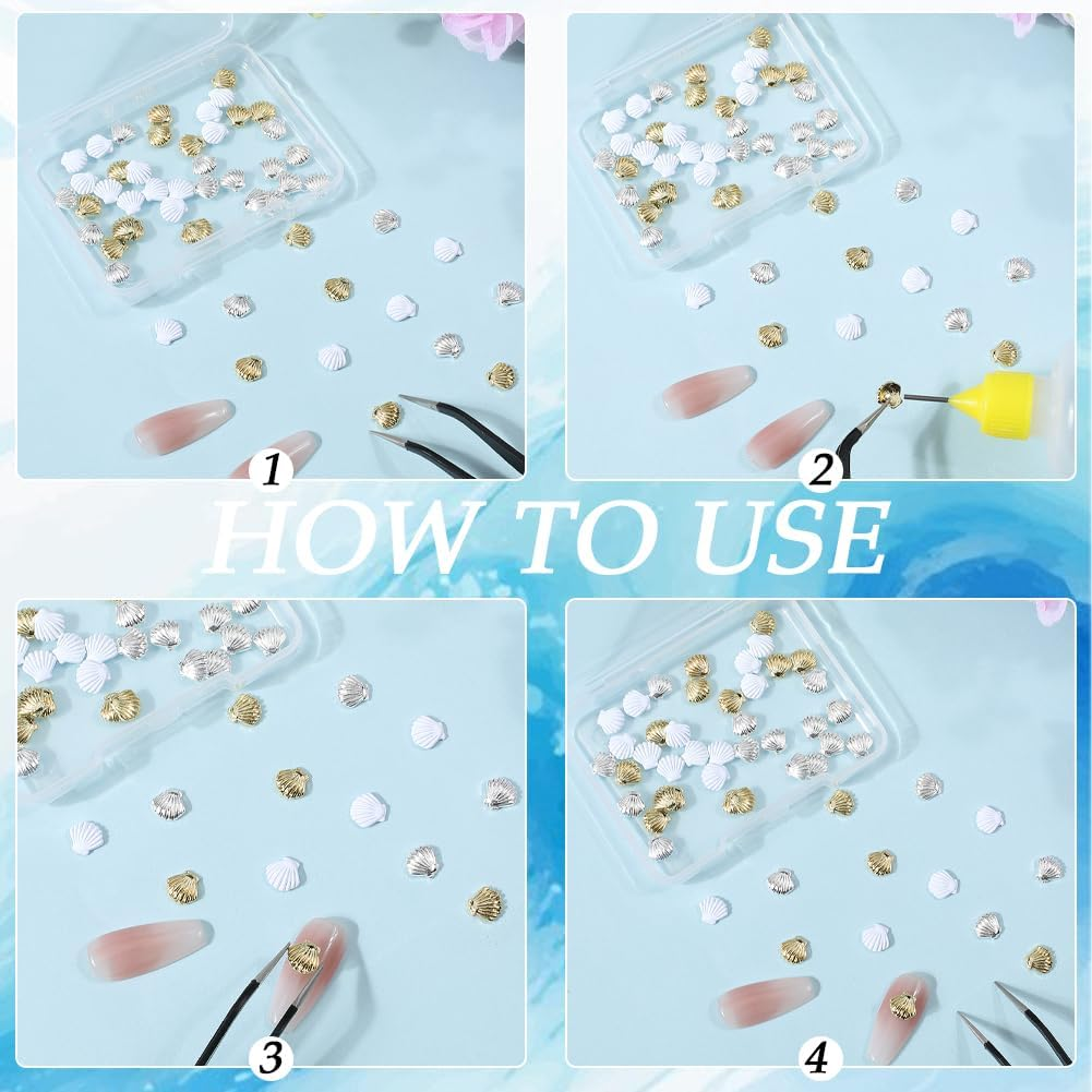 CRASPIRE 48Pcs/Box Sea Shell Nail Charms 3D 3 Colors Summer Ocean Luxury Seashell Gold Silver White Nail Gems Metal Alloy Flat Punk Studs Decor for Women Nail Art DIY Craft Jewelry Decor Accessories image number 1