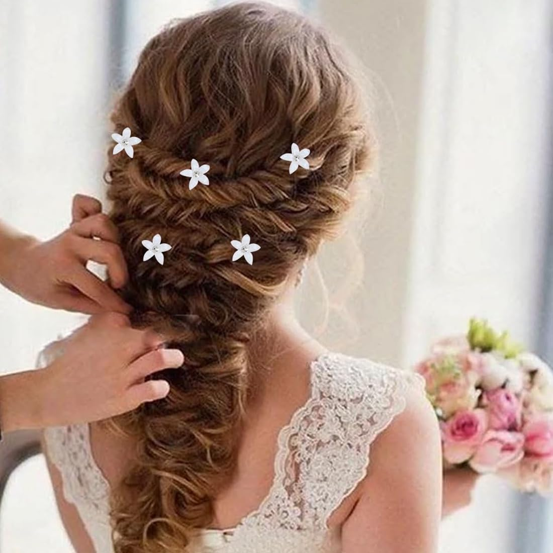 JRYXDS Pack of 10 White Mini Flower Hair Clips with Rhinestones, Metal Hair Pins for Women, for Girls, Wedding, Hair Accessories, Decorative image number 1