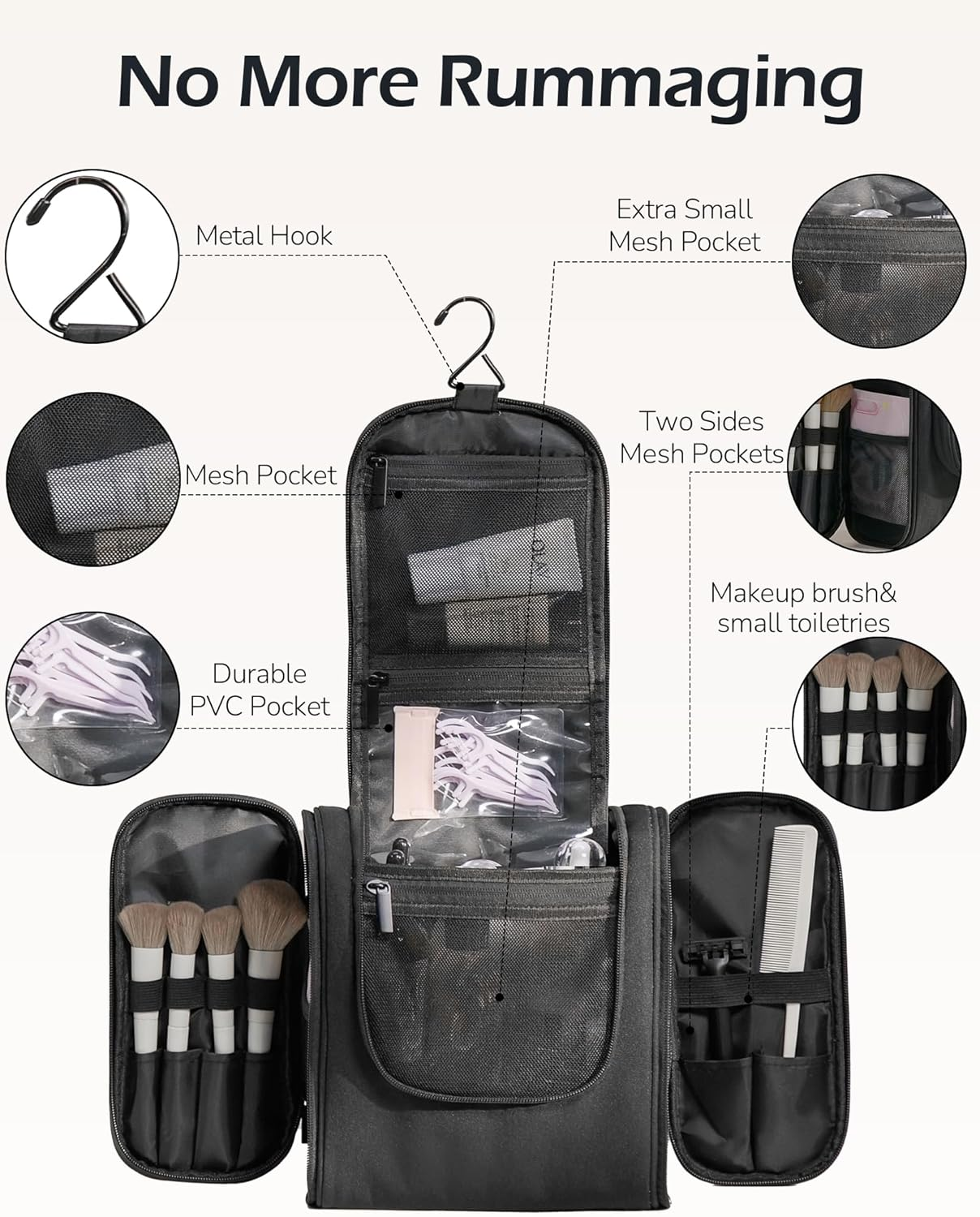 Travel Toiletry Bag for Women and Men, Travel Makeup Bag with Hanging Hook, Large Capacity Water-Resistant Organizer, Cosmetic Bathroom Travel Bag for Toiletries Accessories, Shampoo (Black) - Gray image number 3