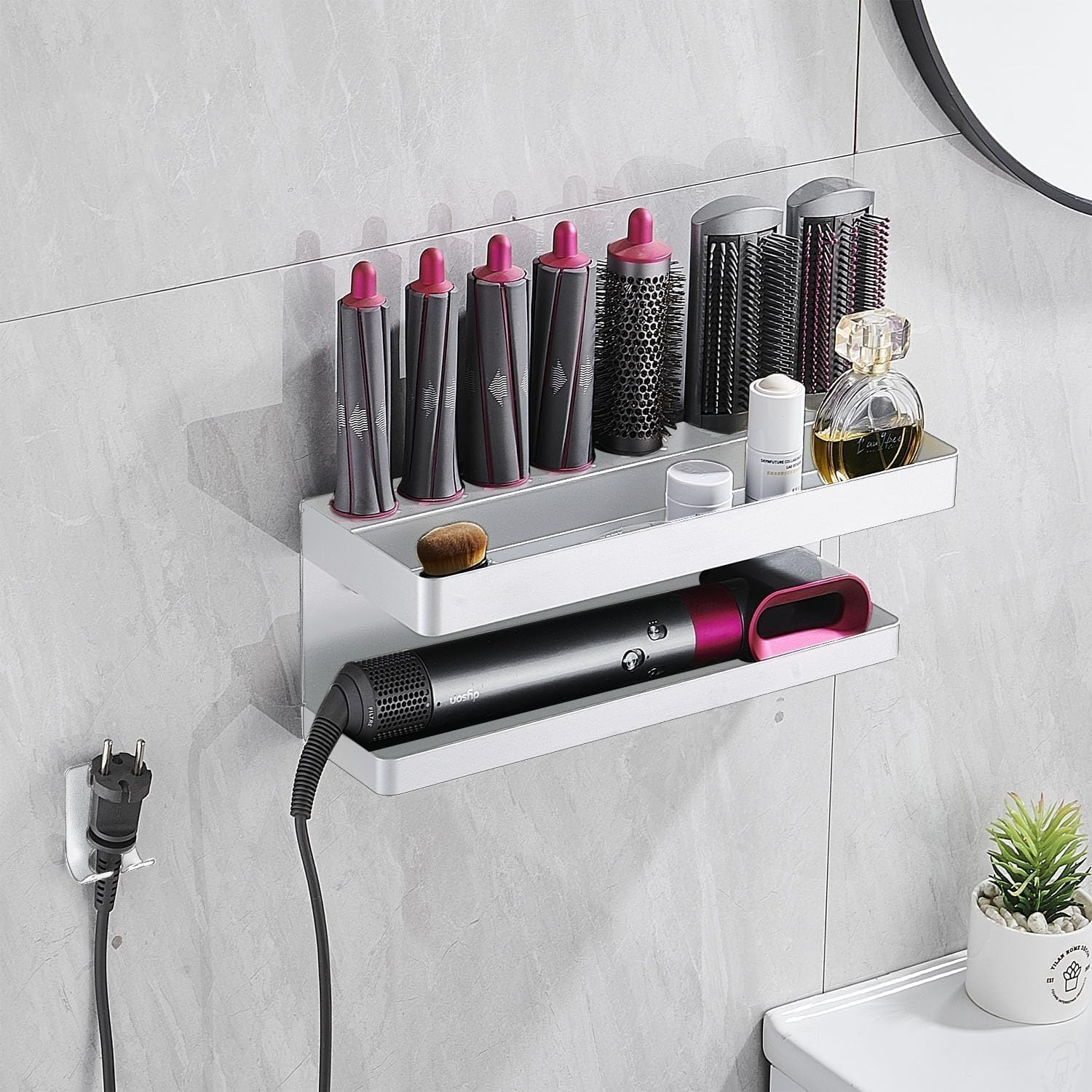 Wall Mounted Storage Holder for Dy Son SS304, Airwrap Curling Iron Accessories Wall Mounted Rack Bracket Stand for Dy Son SS304, for Bathroom Attachments Hair Dryer Organizer, 2 Layers (White) image number 2