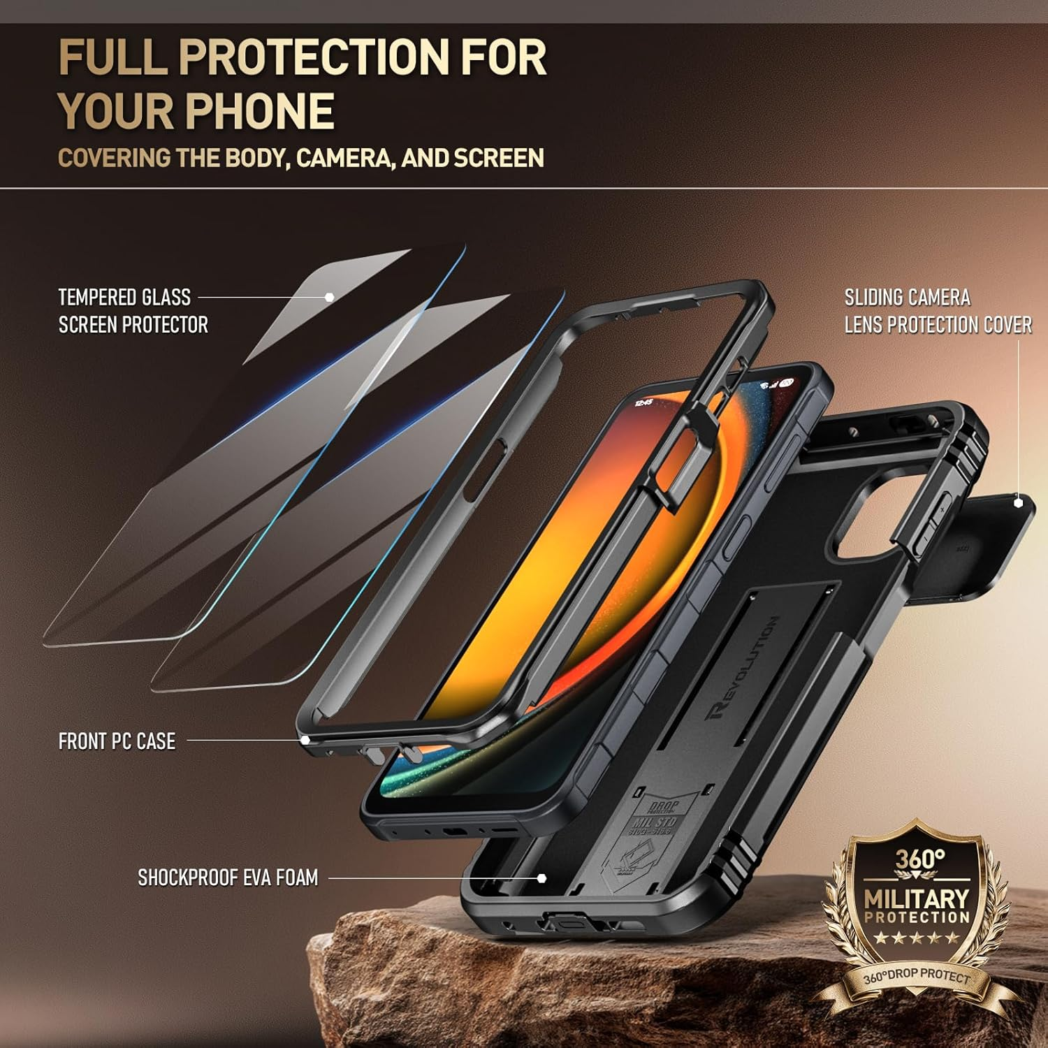 Poetic Revolution Case Compatible with Galaxy Xcover7 Pro 5G, [Slide Camera Cover], [20FT Mil-Grade Drop Tested], Full-Body Military Grade Rugged Dual-Layer Shockproof Cover with Kickstand, Black image number 2