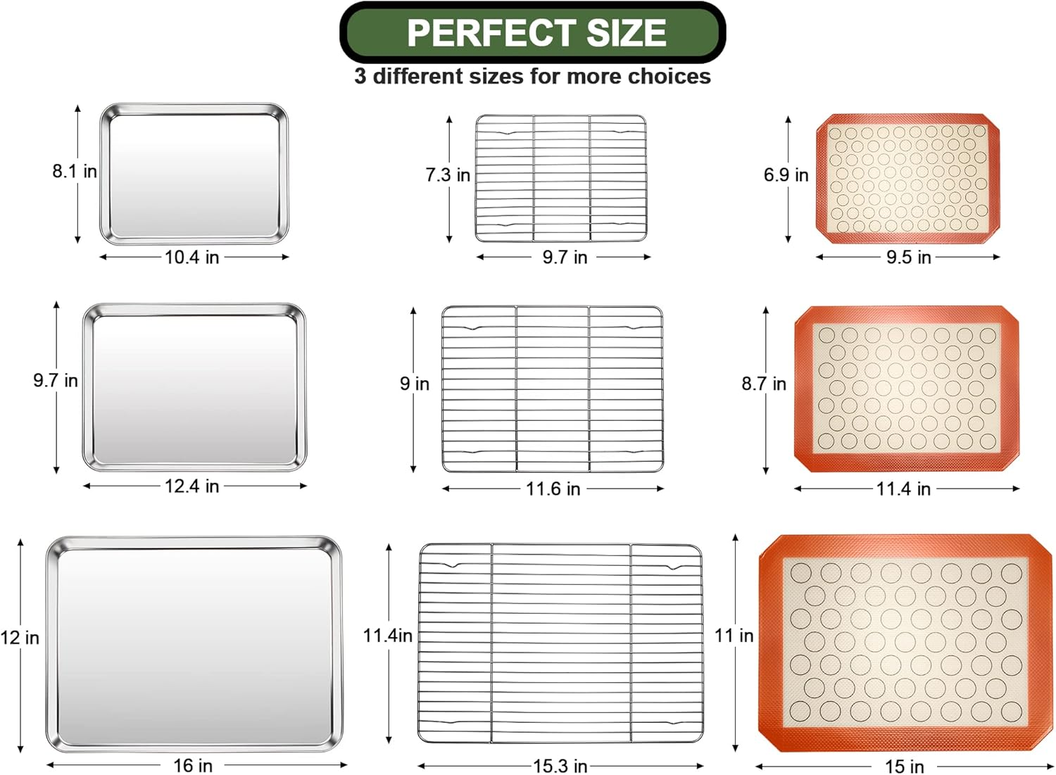 EWFEN Baking Set: Stainless Steel Cookie Pan & Cooling Rack with Silicone Mat, 3 Sheets + 3 Racks Mats, Warp Resistant & Heavy Duty, Easy Clean