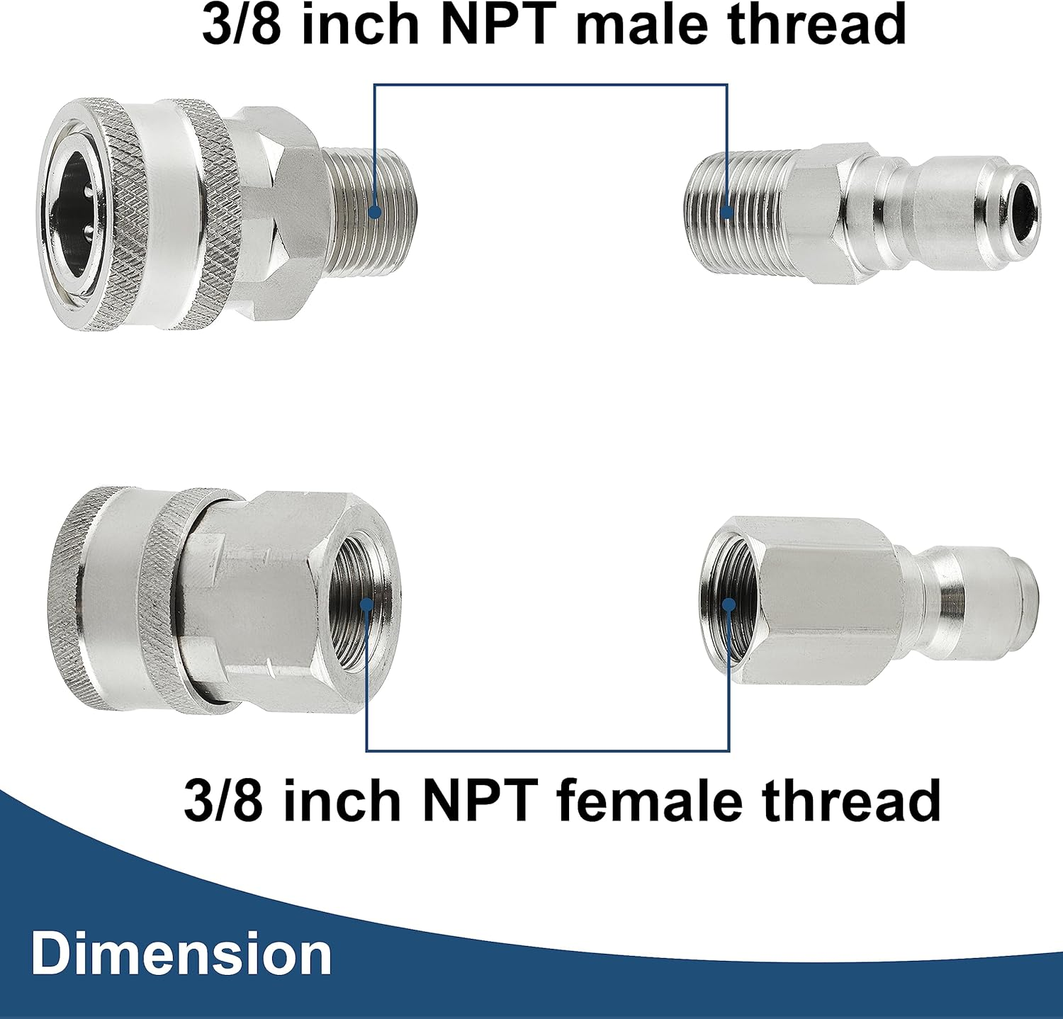 Raincovo Pressure Washer Quick Connect 3/8 Inch, Pressure Washer Fittings, Stainless Steel Adapter Set, Female and Male Thread, 8 Pieces image number 3