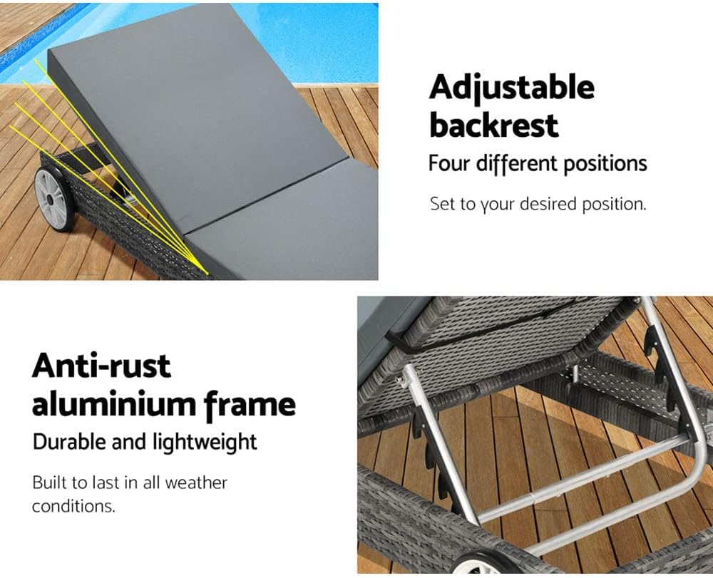 Gardeon Sun Lounge Camping Chair Wicker Lounger Rattan Day Bed, Chaise Beach Chairs Outdoor Furniture Garden Patio Setting Pool Backyard, with Wheels Cushion Adjustable Backrest Grey image number 4