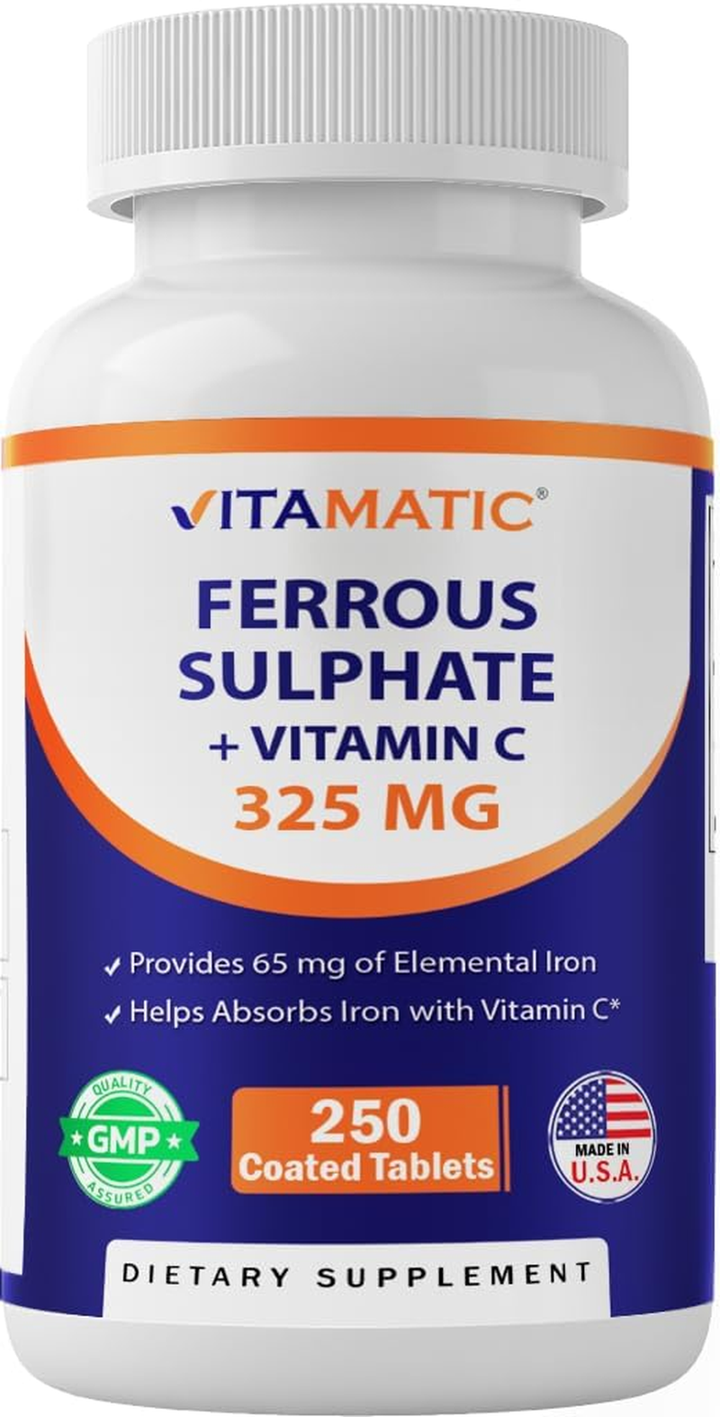 Vitamatic Ferrous Sulphate 325 Mg + Vitamin C 100 Mg - (65 Mg Elemental Iron) High Potency Iron Supplement | No Artificial Color Additives - 250 Coated Tablets - Made in USA image number 2