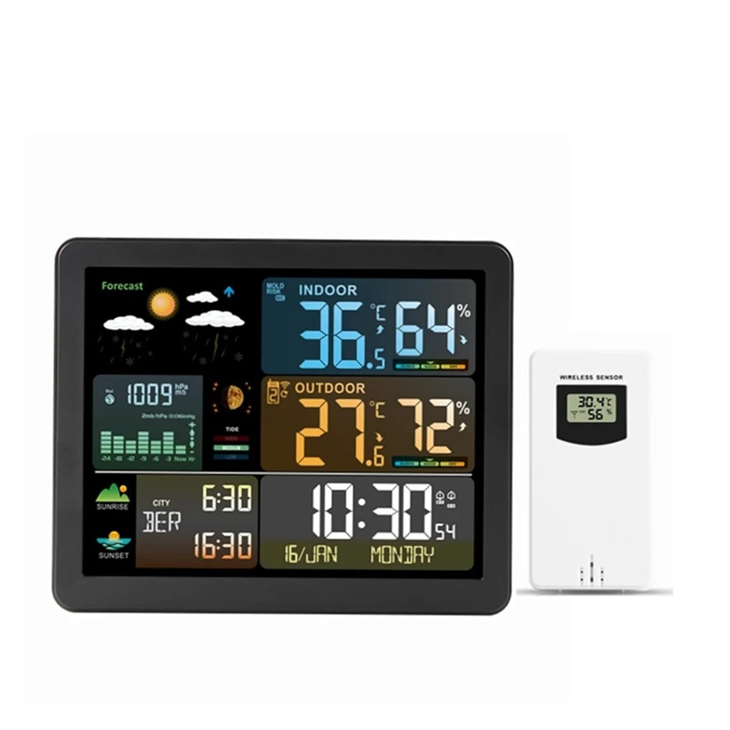 Color Weather Station Wall Dual Alarm Clock Digital Temperature Humidity Mointor Barometer Moon Phase Tide Indicator Sensor -40C image number 5
