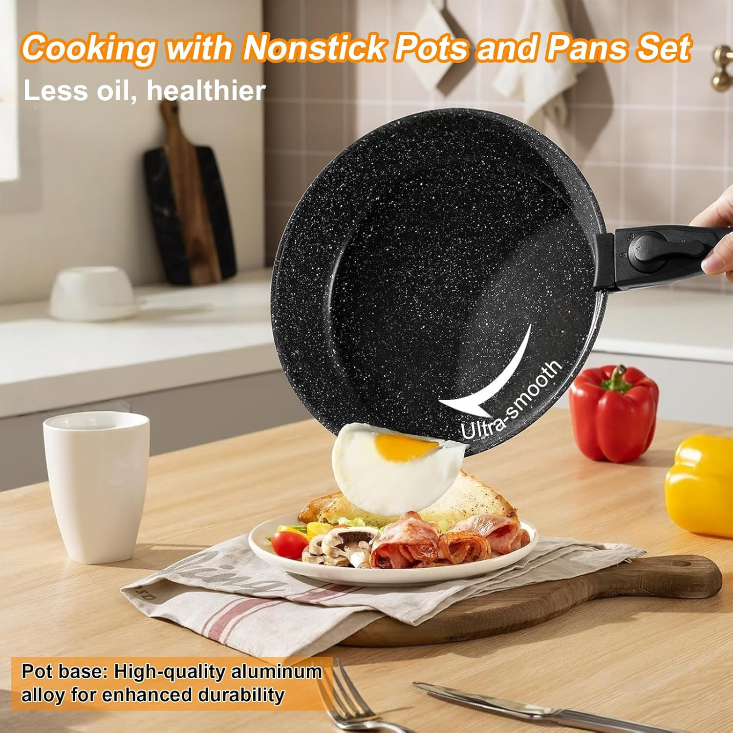 Yildue 23 Piece Pots and Pans Set, Detachable Handle Induction Cookware, Compatible with All Stoves,Non-Stick Stackable RV Kitchen Set, Dishwasher & Oven Safe (Black) image number 5