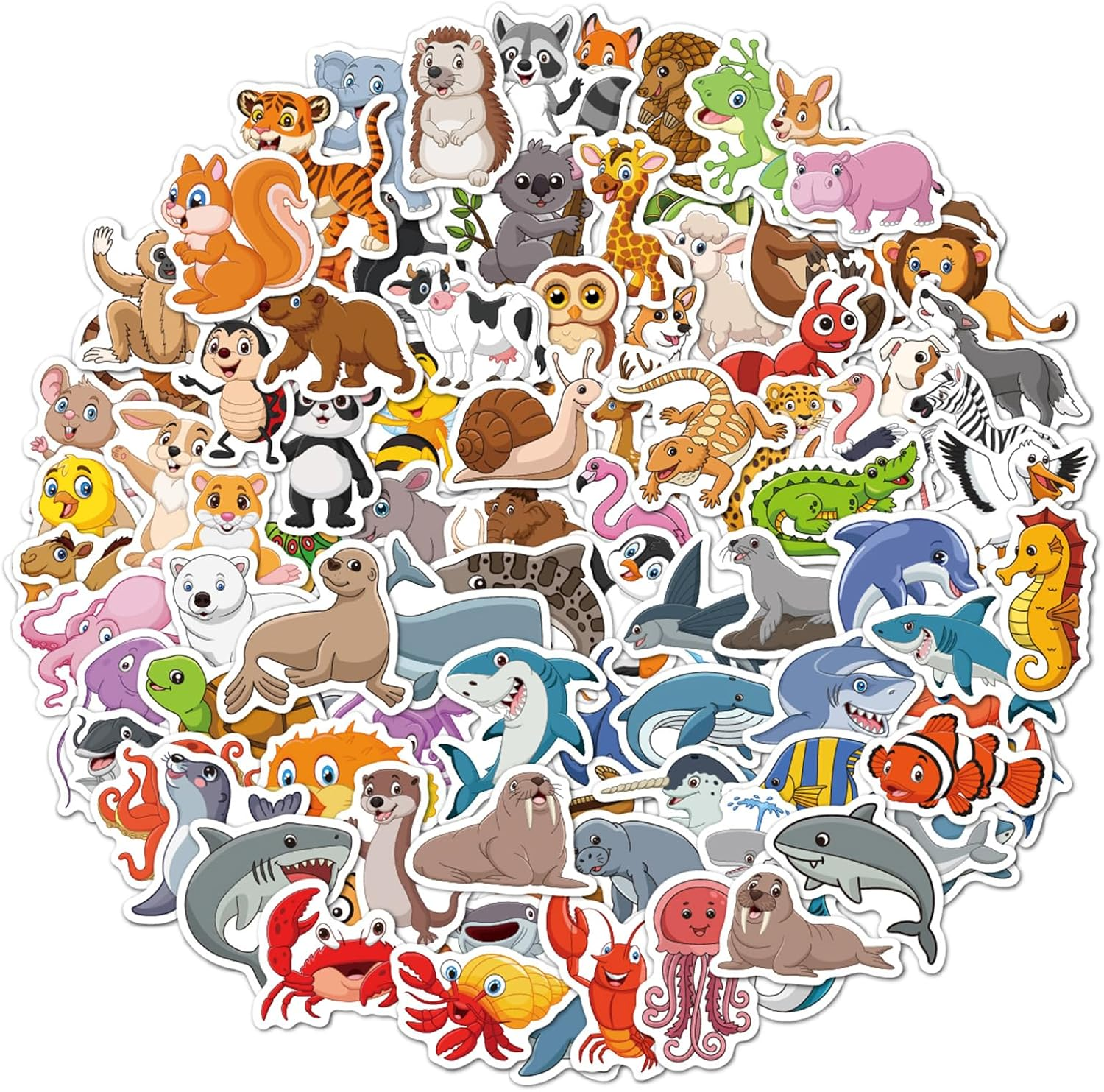 WD&CD Cute Animals Stickers, 100 Pcs Cartoon Rabbit Elephant Dolphin Panda Mixed Sticker Pack Waterproof, Water Bottle/Phone/Skateboard/Laptop/Envelope Seals Paster Stickers for Decorations Stickers