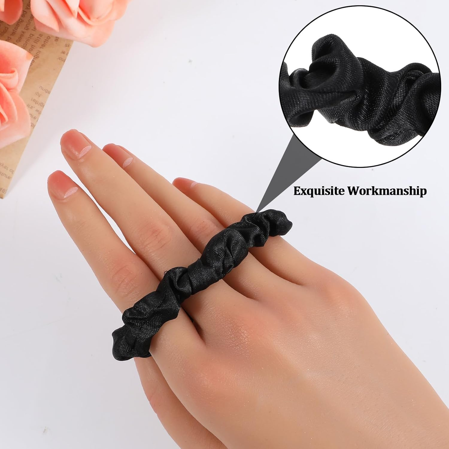 Xinjoduz 6 PCS Silk Hair Ties, Black Soft Silk Scrunchies for Hair Ties No Damage No Crease Skinny Elastic Women Girls Satin Scrunchies for Curly Thin Fine Hair Elastics Ponytail Holder image number 5