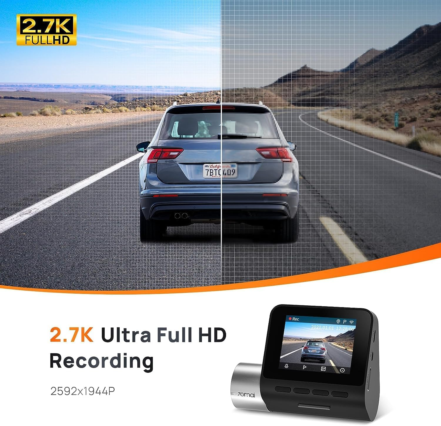 70Mai True 2.7K 1944P Ultra Full HD Dash Cam A500S, Front Camera, Built-In Wifi GPS Smart Dash Camera for Cars, ADAS, Sony IMX335, 2'' IPS LCD Screen, WDR, Night Vision image number 6