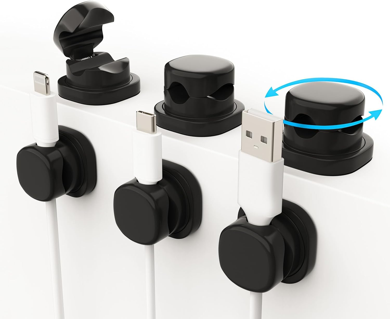 6 Pack Cord Organizer, 1S Lock, Eosxrp Spring Cable Holder Clips with 360&deg; Rotation Adhesive Desk Cables Management Clip Phone PC Car Wire Organizing Keeper for Nightstand Office Wall image number 4