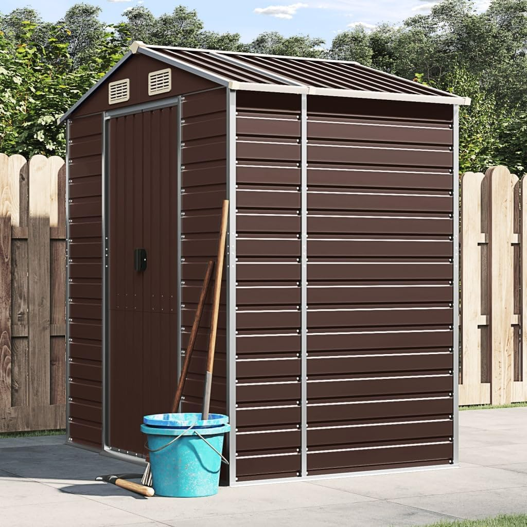 Vidaxl Garden Shed/Outdoor Metal Storage for Firewood and Tools - Brown Galvanised Steel with Ventilation, Door Handles, and Sloping Roof - 191X130X198 Cm