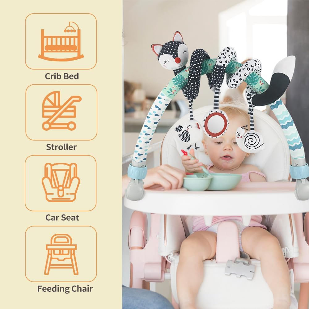 Baby Arch Baby Pram Toys, High-Contrast Black & White with Stretch & Spiral Hanging Activity Set, Infant Stroller Arch Toy, 0-36 Months (Fox) image number 1