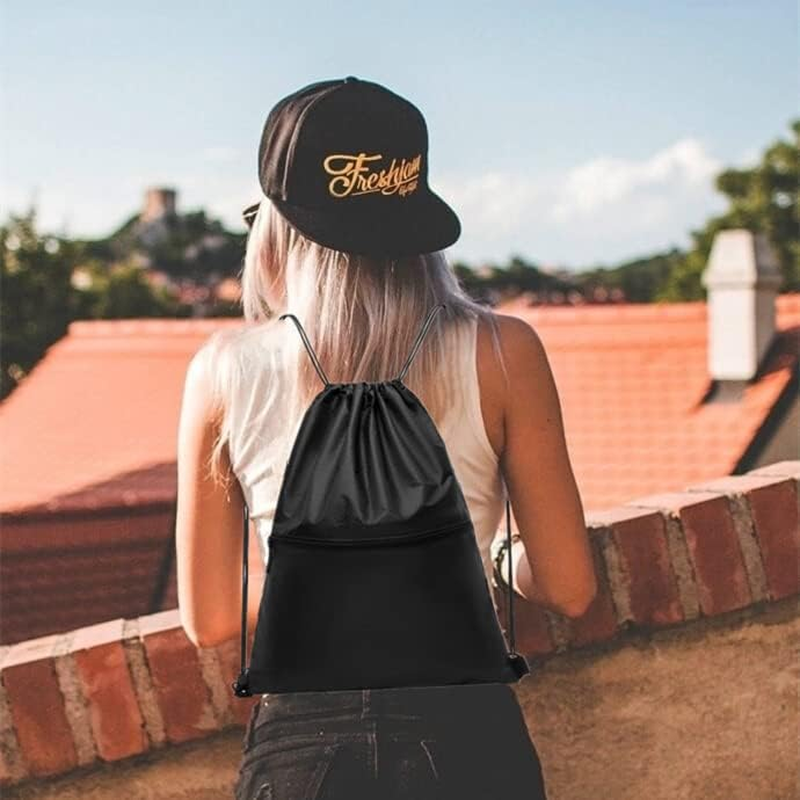 Drawstring Backpack Bag, Waterproof Gym Drawstring Bags, Draw String Back Pack with Pockets, Cinch Bags Drawstring with Zipper, Travel Beach Bag for Men Women Gym Sports (Black) image number 4