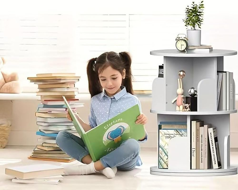 Hbluefat Rotating Bookshelf, 2-Tier Revolving 360 Display Wood Bookcase, Small round Swivel Standing Book Shelf Tower for for Bedroom, Living Room, Study Room (White1) image number 5