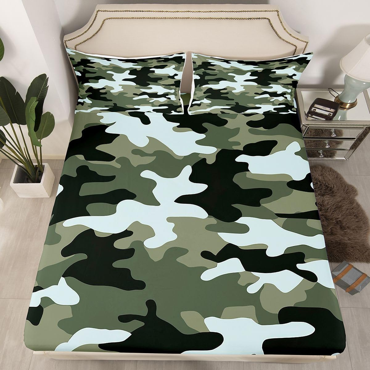 Boys Cartoon Camo Bed Sheet Queen Size Army Green Camouflage Bedding Set 4Pcs for Kids Men Youth Bedroom Decor Soldier Lover Deep Pocket Fitted Sheet Green Abstract Top Flat Sheet,2 Pillowcases image number 7
