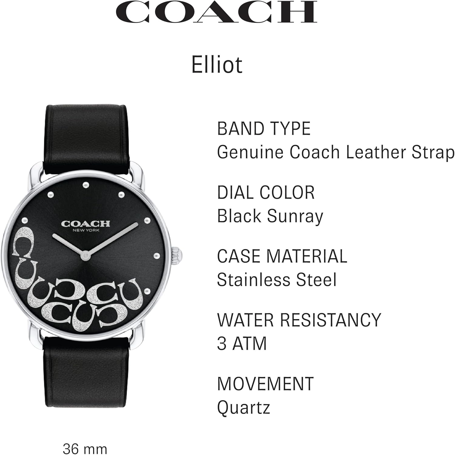 Coach Elliot Black Calfskin Black Dial Women'S Watch