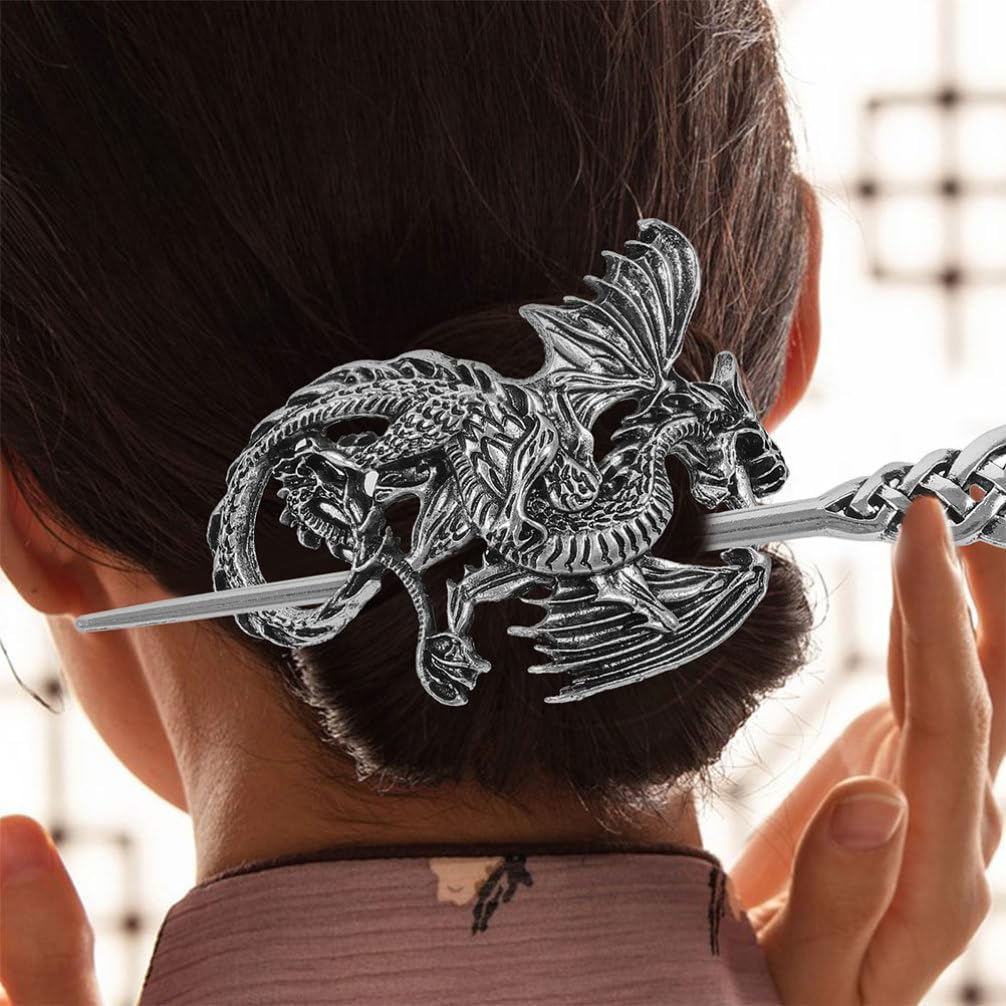 Minkissy Viking Dragon Hook Clips Vintage Punk Gothic Hair Stick Antique Silver Metal Hair Pins Hair Bar Sticks Retro Hair Accessories for Men Women Fashion Jewellery Pack of 2 image number 3