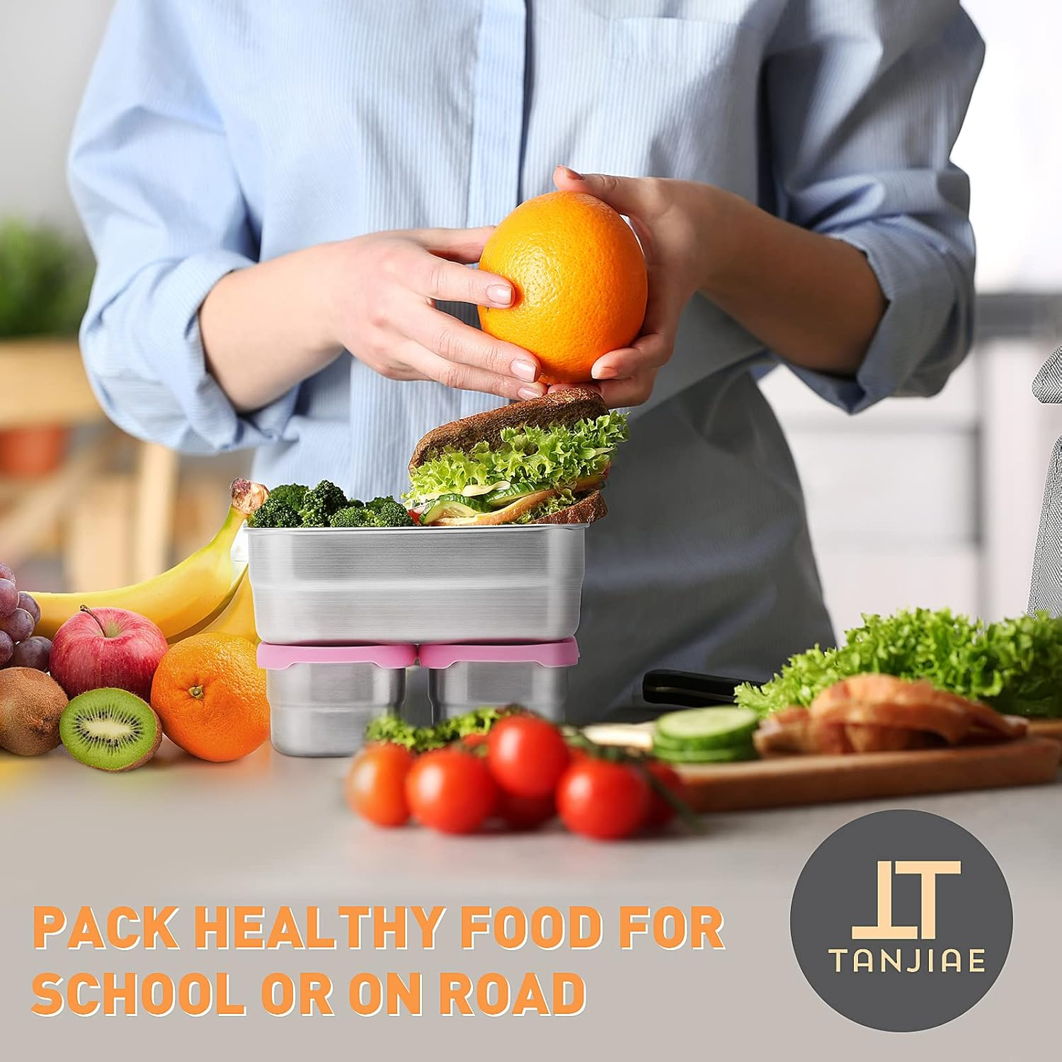 3 Cup+1 Cup Stainless Steel Lunch Snack Containers Set | Leak Proof 304 Stainless Steel Food Containers with Silicone Lids - Perfect Metal Lunch Box for School and Daycare (25Oz+8Oz*2) - Green Lunch Containers For Kids image number 5