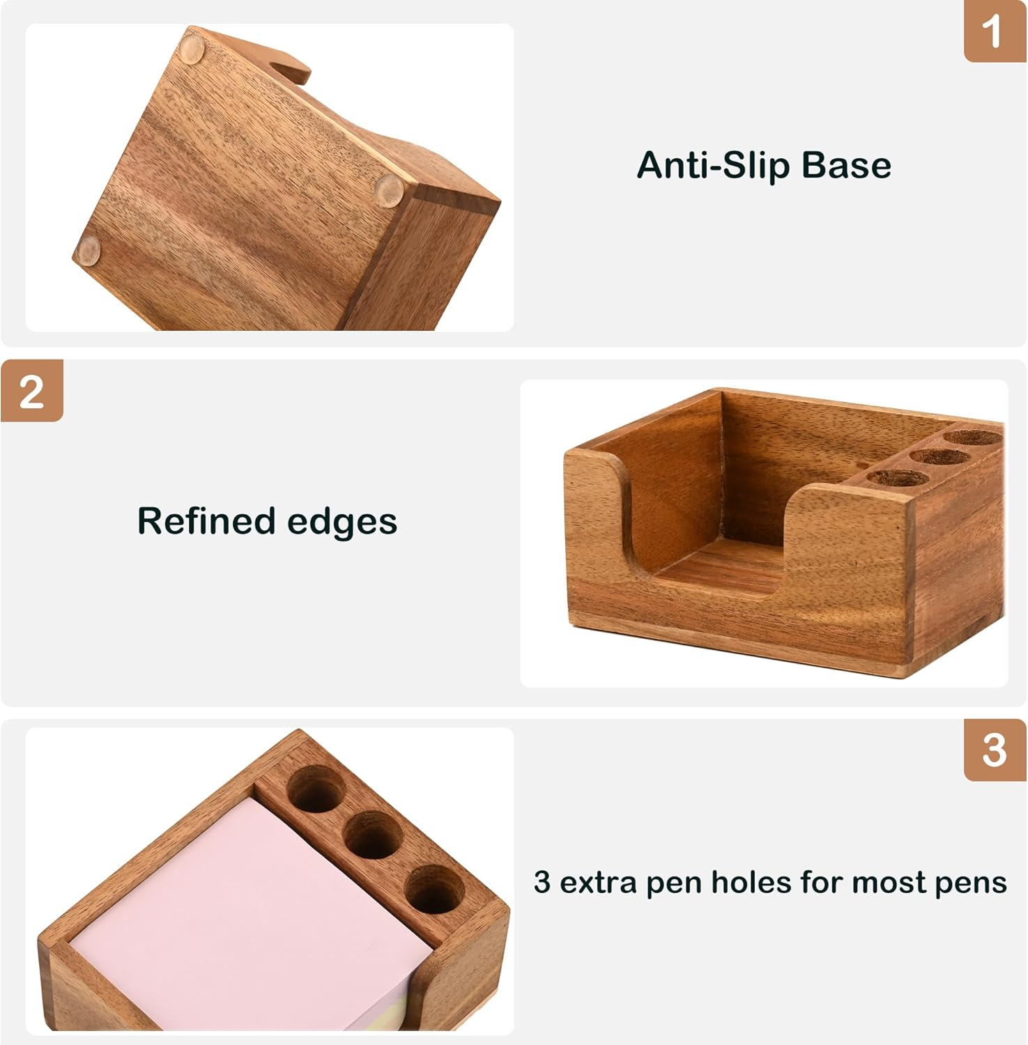 Acacia Wood Sticky Note Holder with 3 Pen Holders, 3X3 Post It Note Dispenser with Anti-Slip Pads, All-In-One Wooden Desk Organizer for Office Home School (4.0&ldquo;X3.5"X2") image number 4