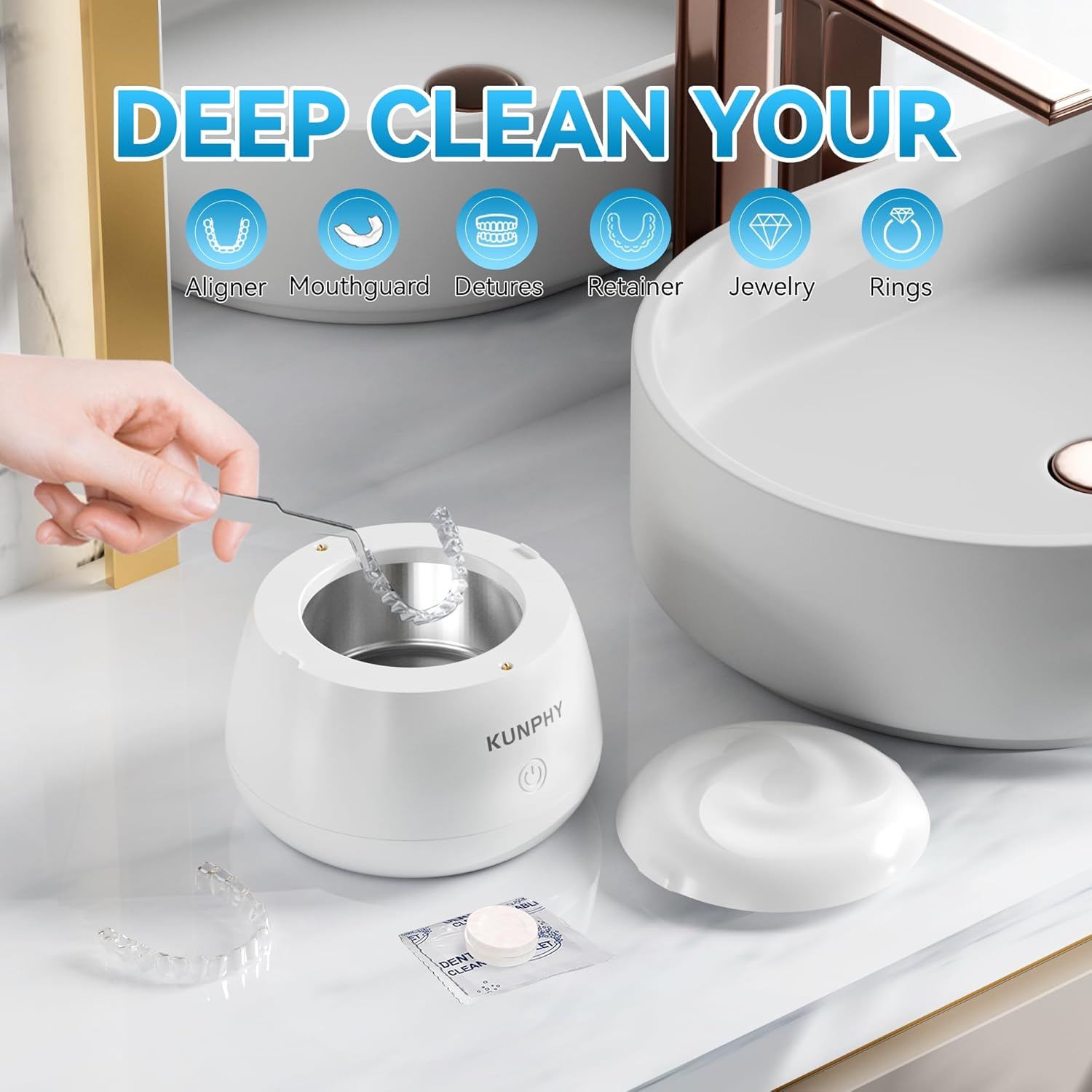 KUNPHY Retainer Cleaner, 48Khz Dental Pod with Cleaning Tablets, Water-Proof Ultrasonic Retainer Cleaner for Deep Cleaning Night Guard, Mouth Guard, Aligner, Jewelry, White image number 5